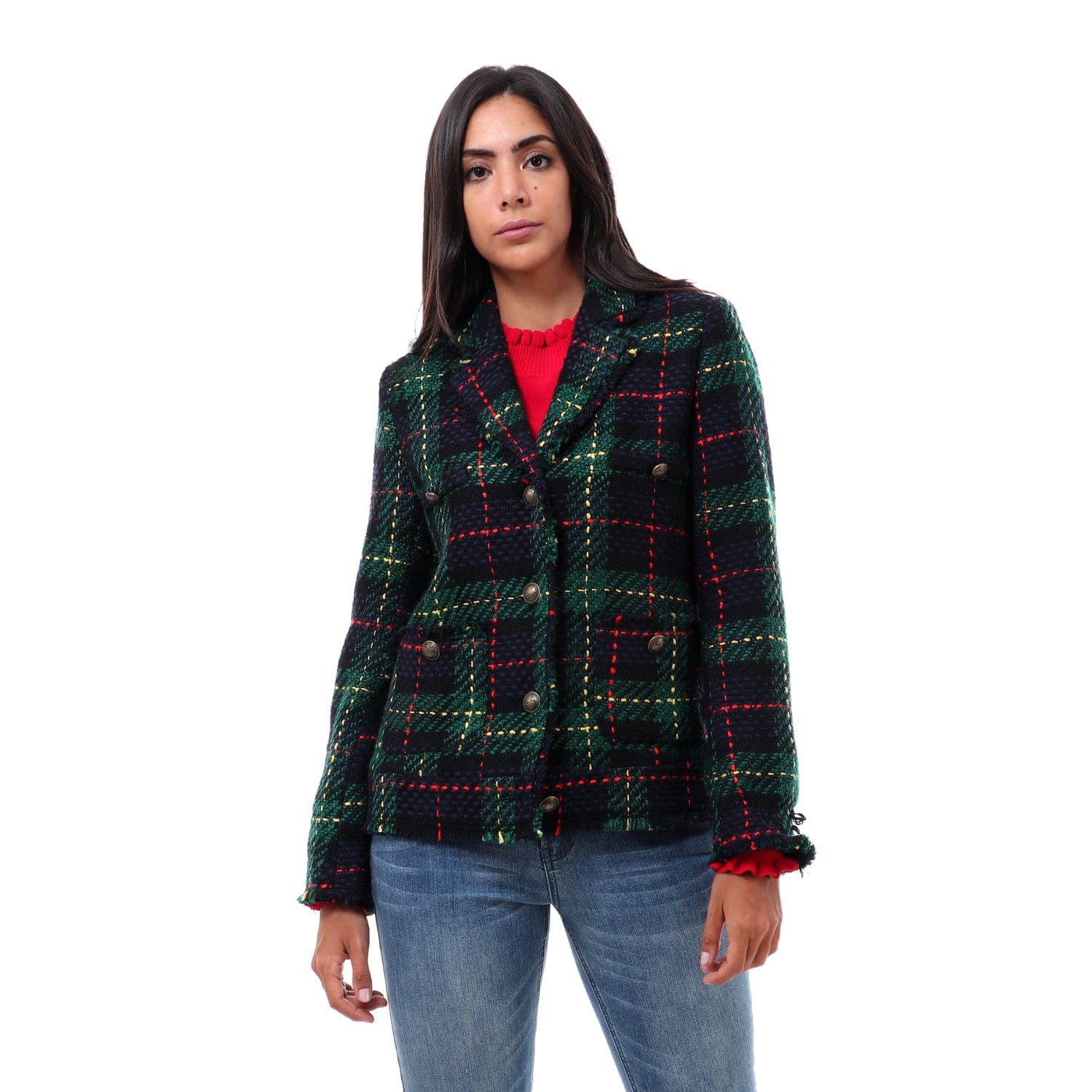 داليدرس جاكيت كاروهات بأزرار أمامية كم طويل نسائي أزرق داكن/أخضر