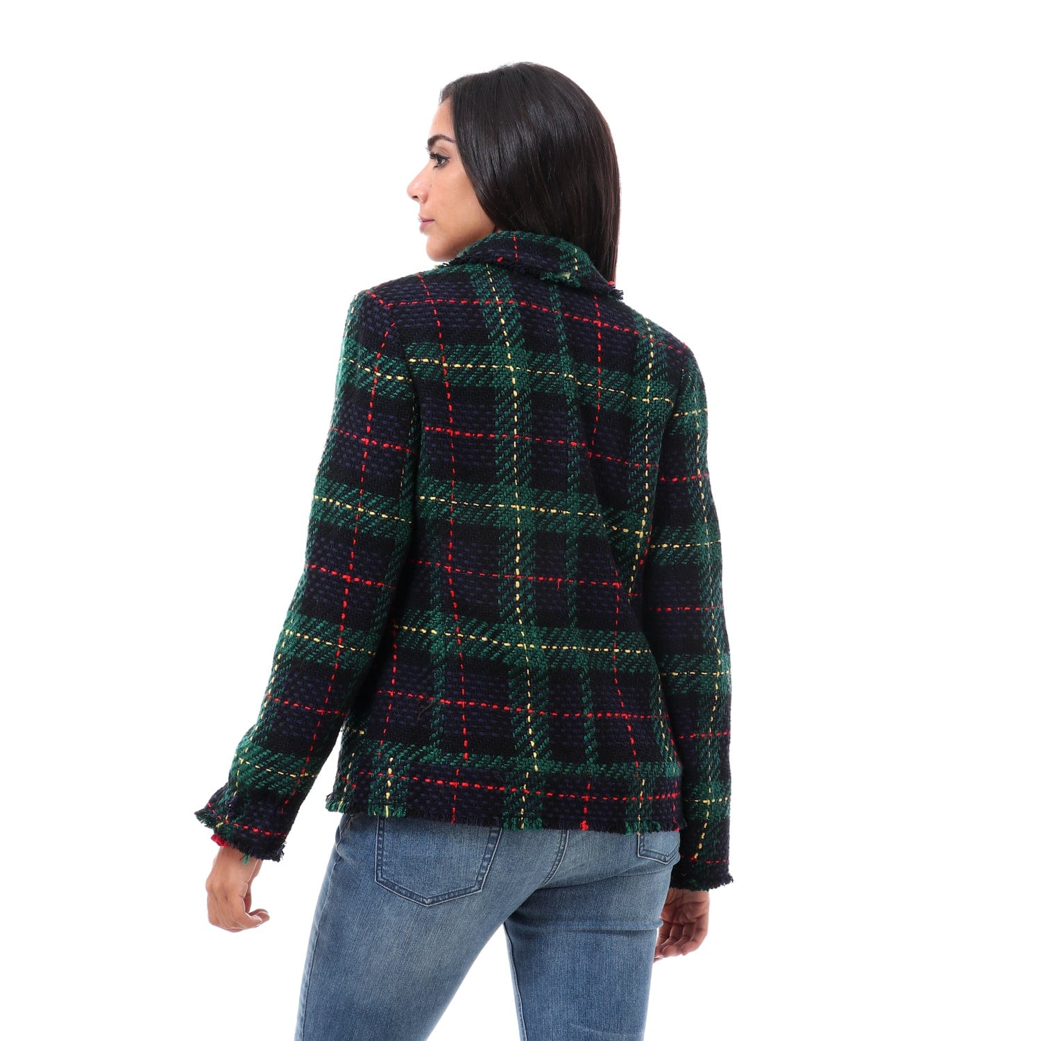 داليدرس جاكيت كاروهات بأزرار أمامية كم طويل نسائي أزرق داكن/أخضر