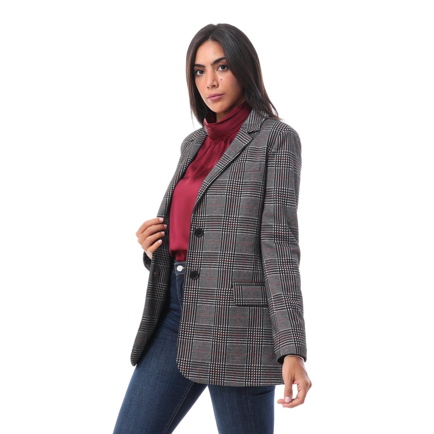 داليدرس جاكيت واسع كاروهات طويل كم طويل نسائي أسود/أبيض