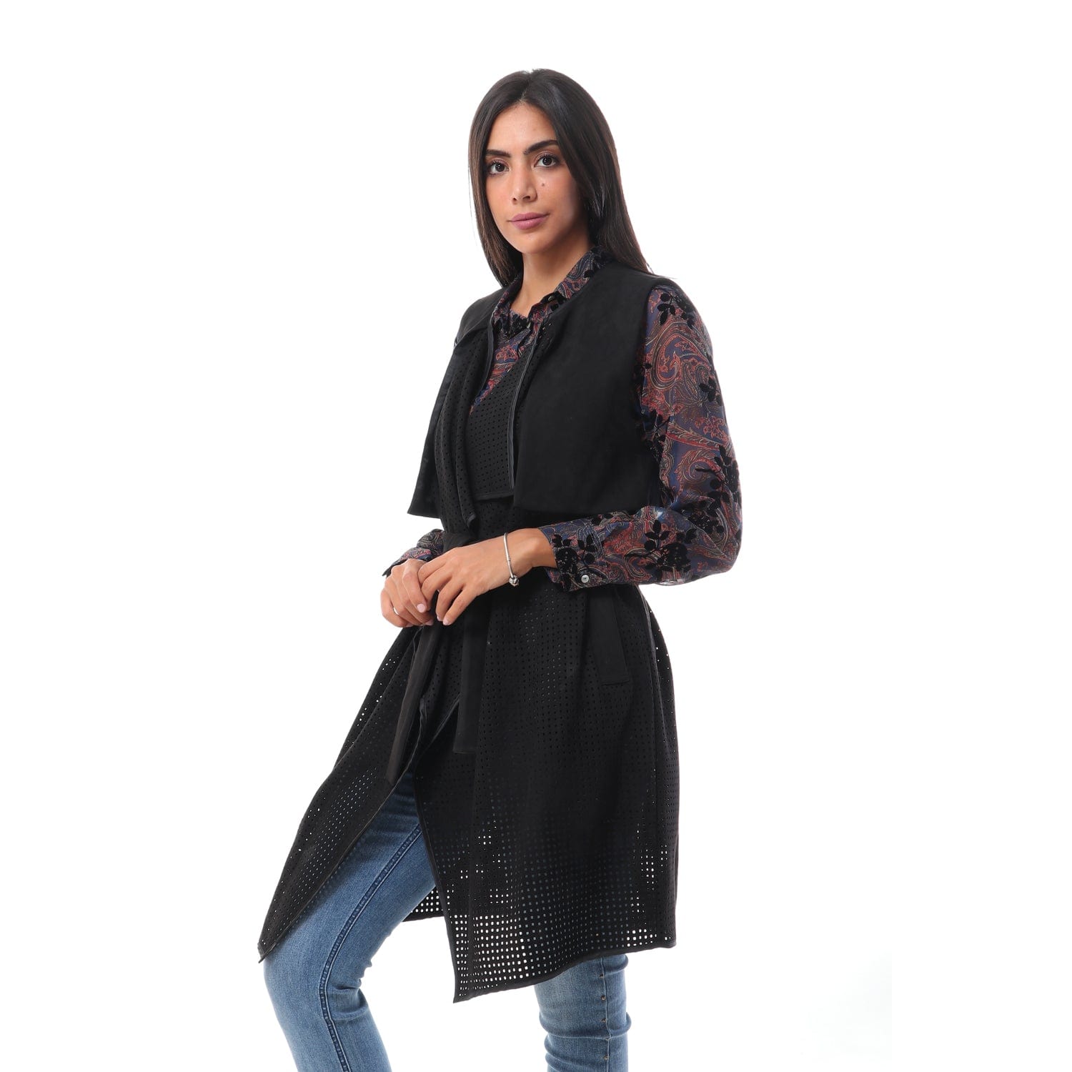 داليدرس فيست طويل مخرم بحزام خصر أسود