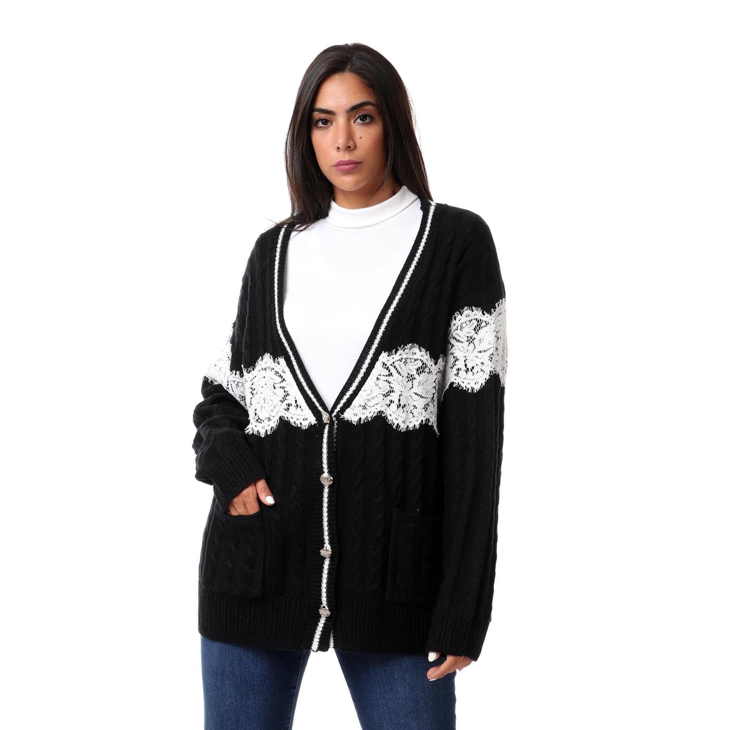 داليدرس كارديجان طويل مضفر كم طويل بأزرار أمامية أسود/أبيض