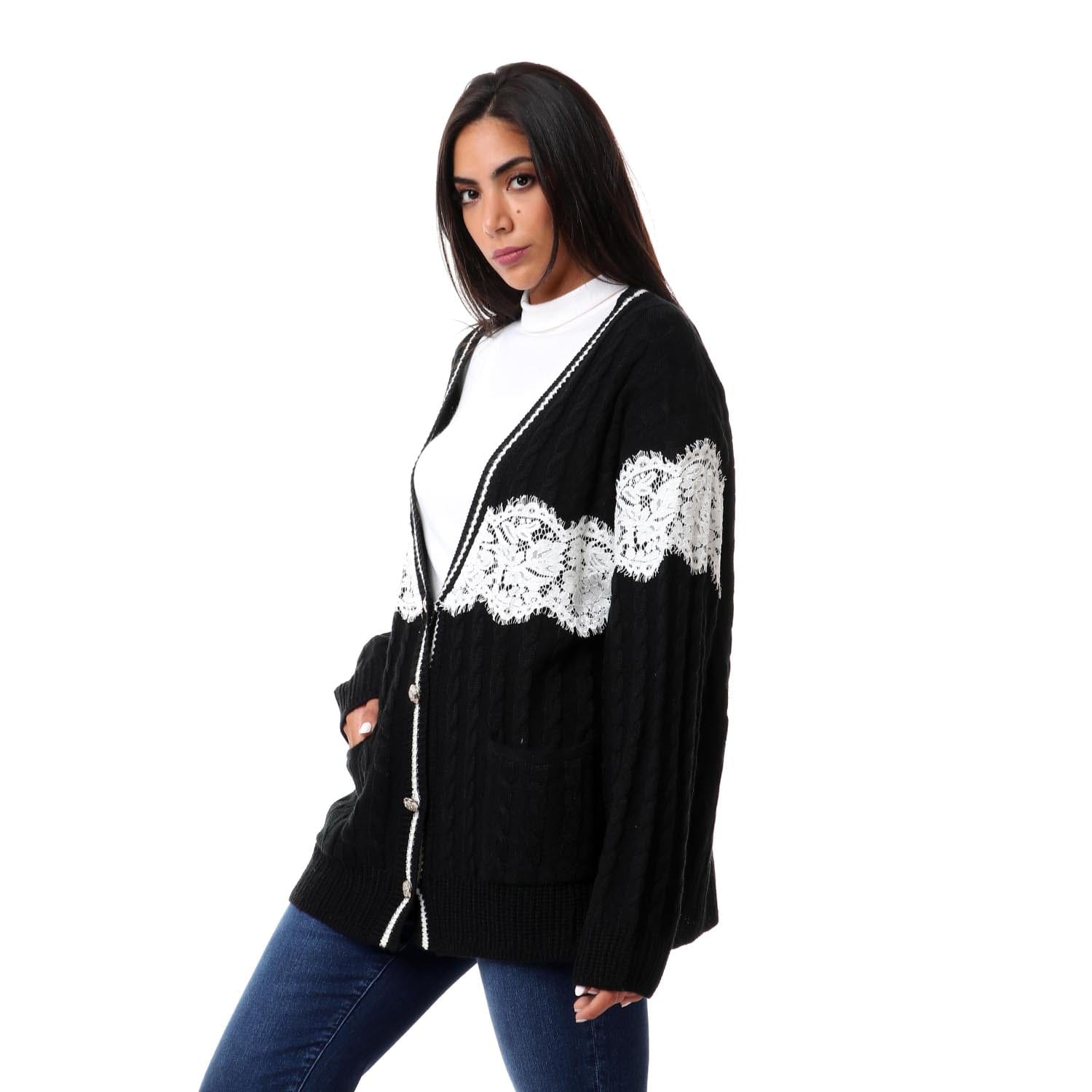 داليدرس كارديجان طويل مضفر كم طويل بأزرار أمامية أسود/أبيض