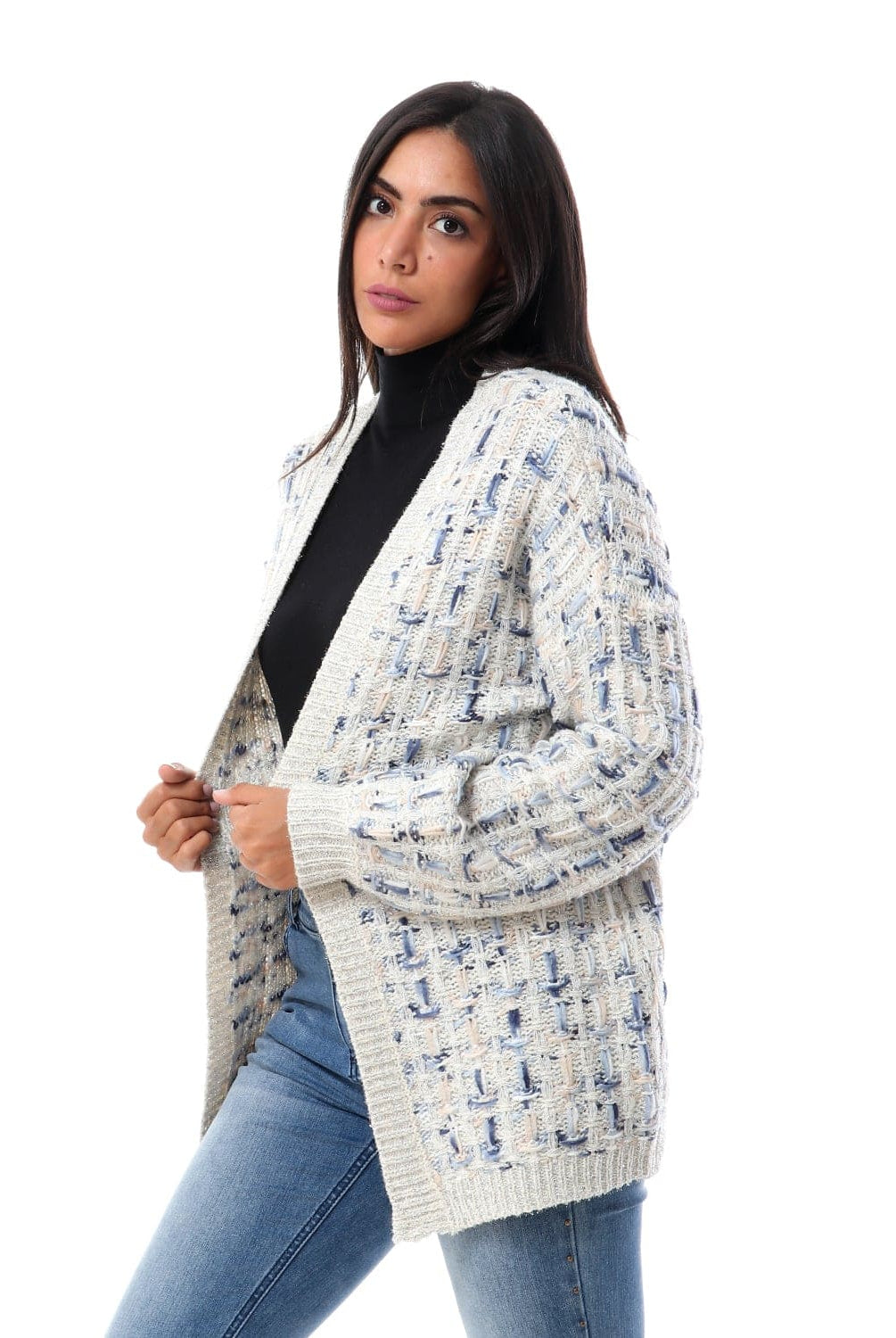 داليدرس كارديجان منقوش كم طويل مفتوح نسائي فضي