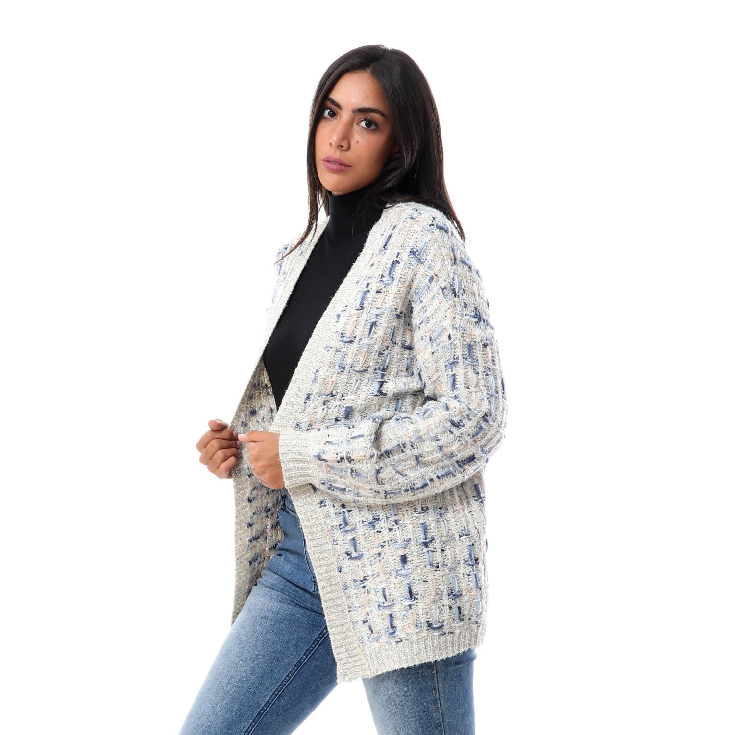 داليدرس كارديجان منقوش كم طويل مفتوح نسائي فضي