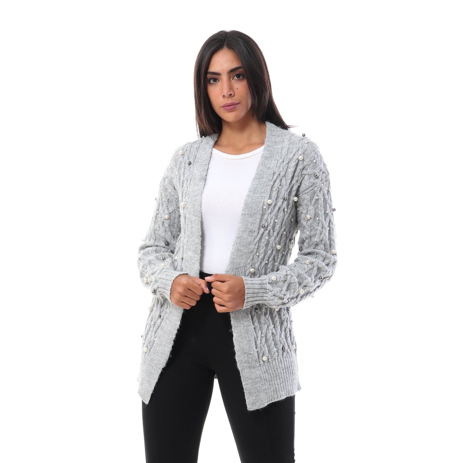 داليدرس كارديجان مضفر مزين باللؤلؤ نسائي رمادي