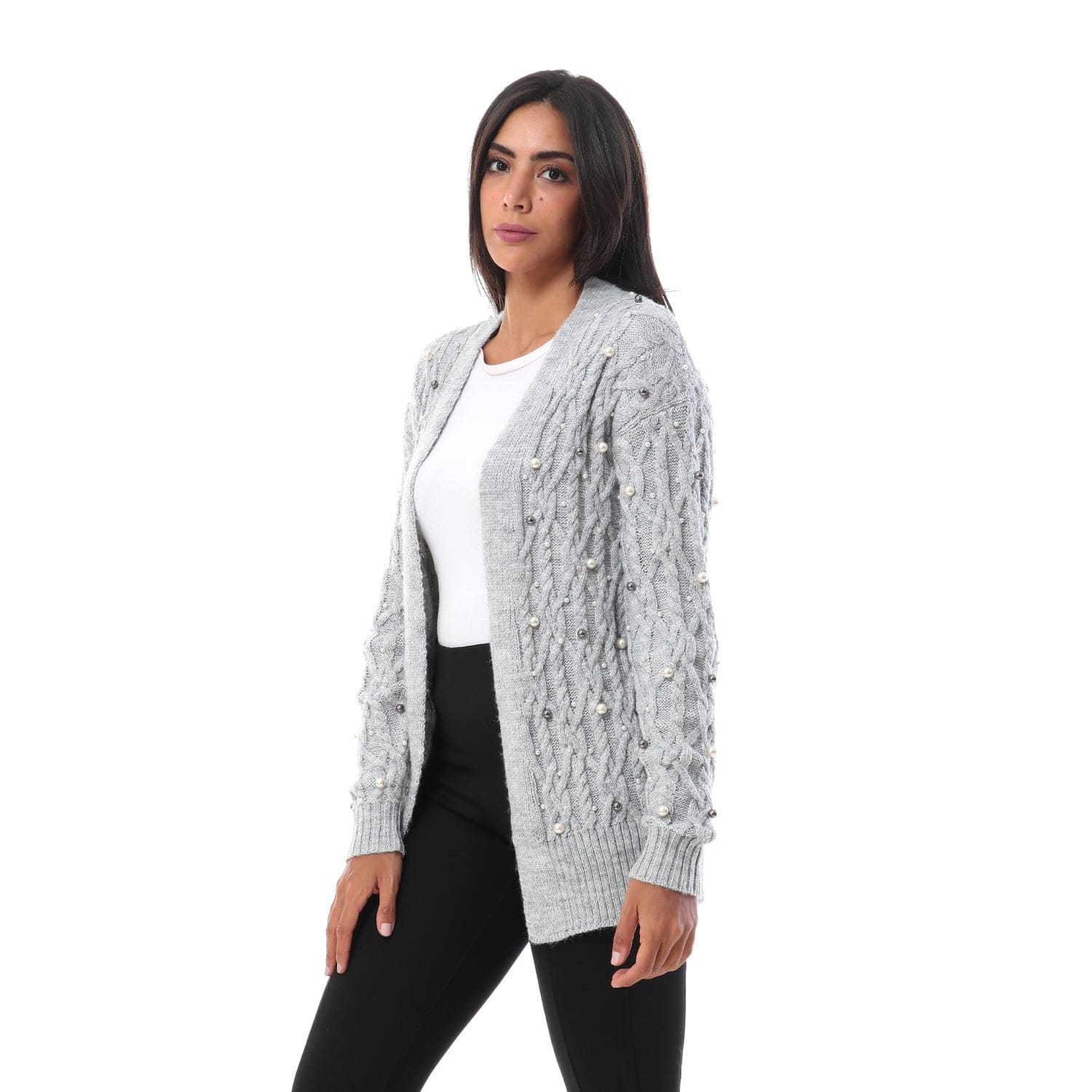 داليدرس كارديجان مضفر مزين باللؤلؤ نسائي رمادي