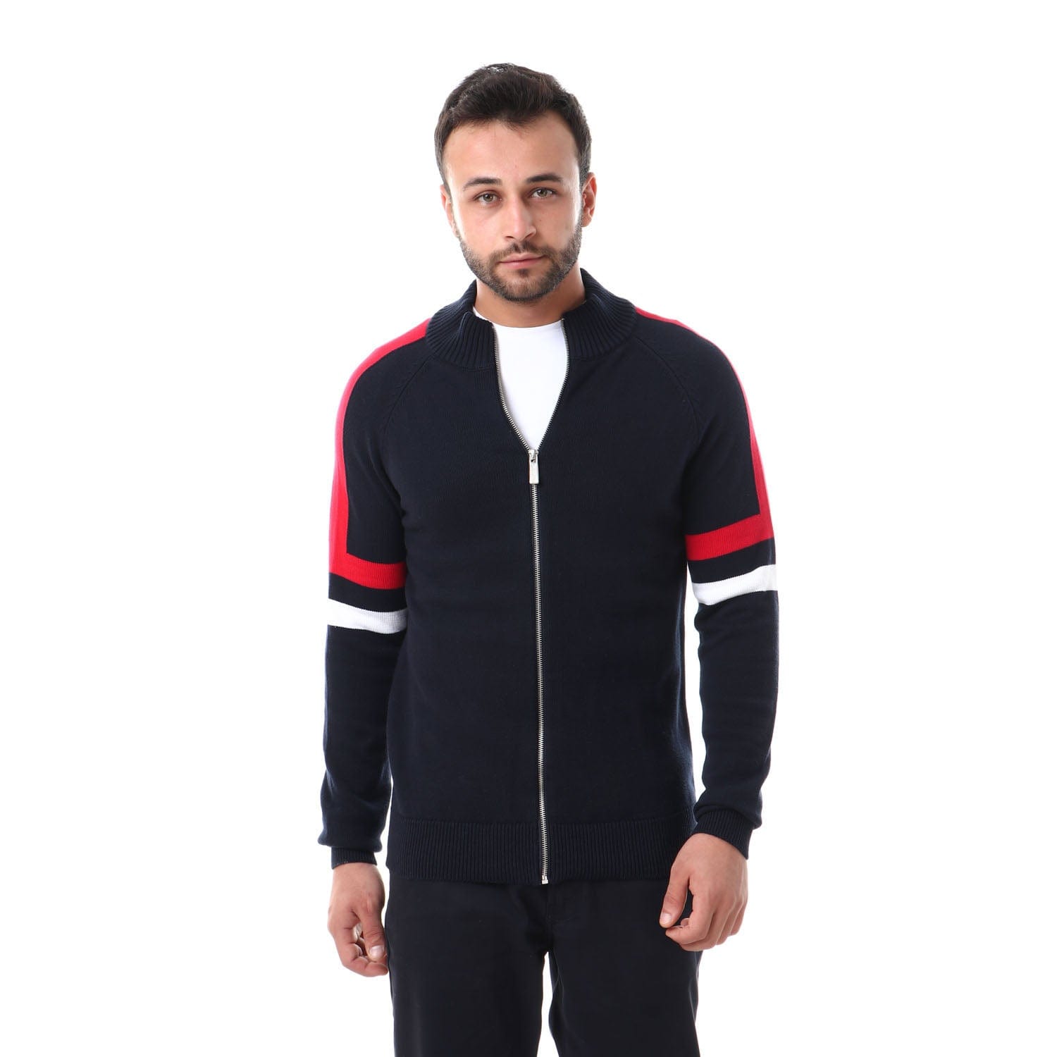 داليدرس كارديجان بسحاب سادة كم طويل بخط عريض نسائي كحلي/أحمر