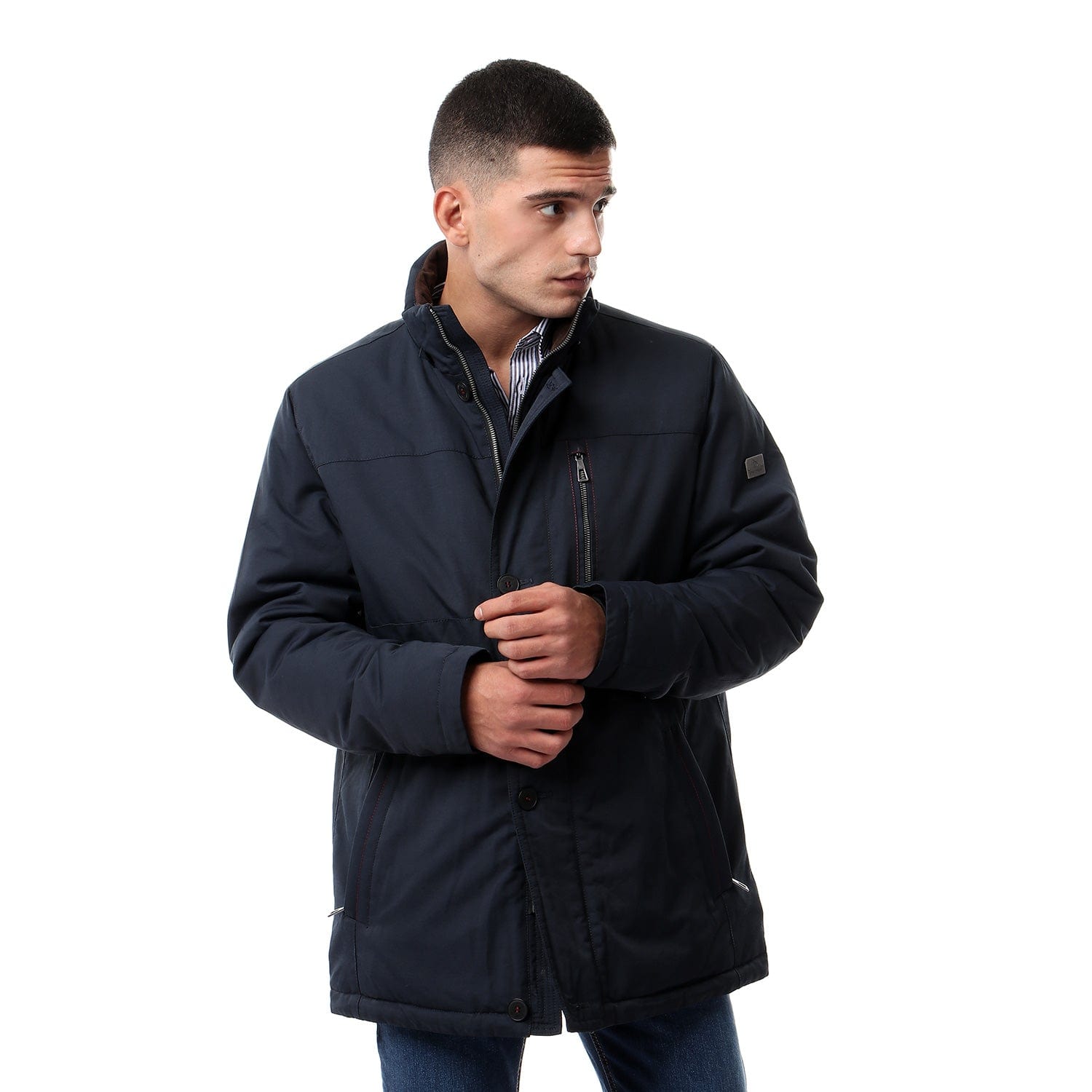 داليدرس جاكيت سادة بسحاب وأزرار أمامية كم طويل نسائي أزرق داكن