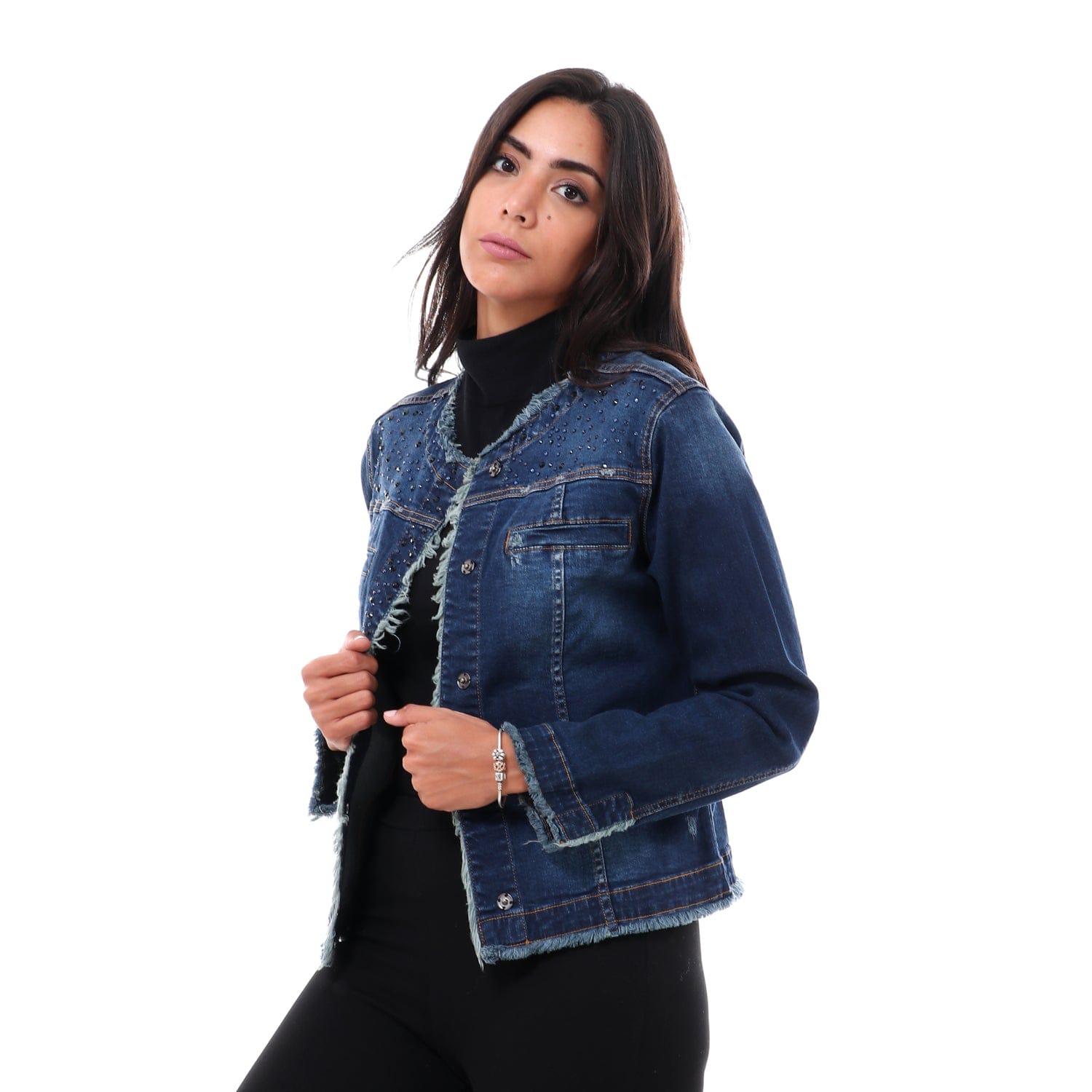 داليدرس جاكيت جينز قصير كم طويل بأزرار أمامية نسائي جينز داكن