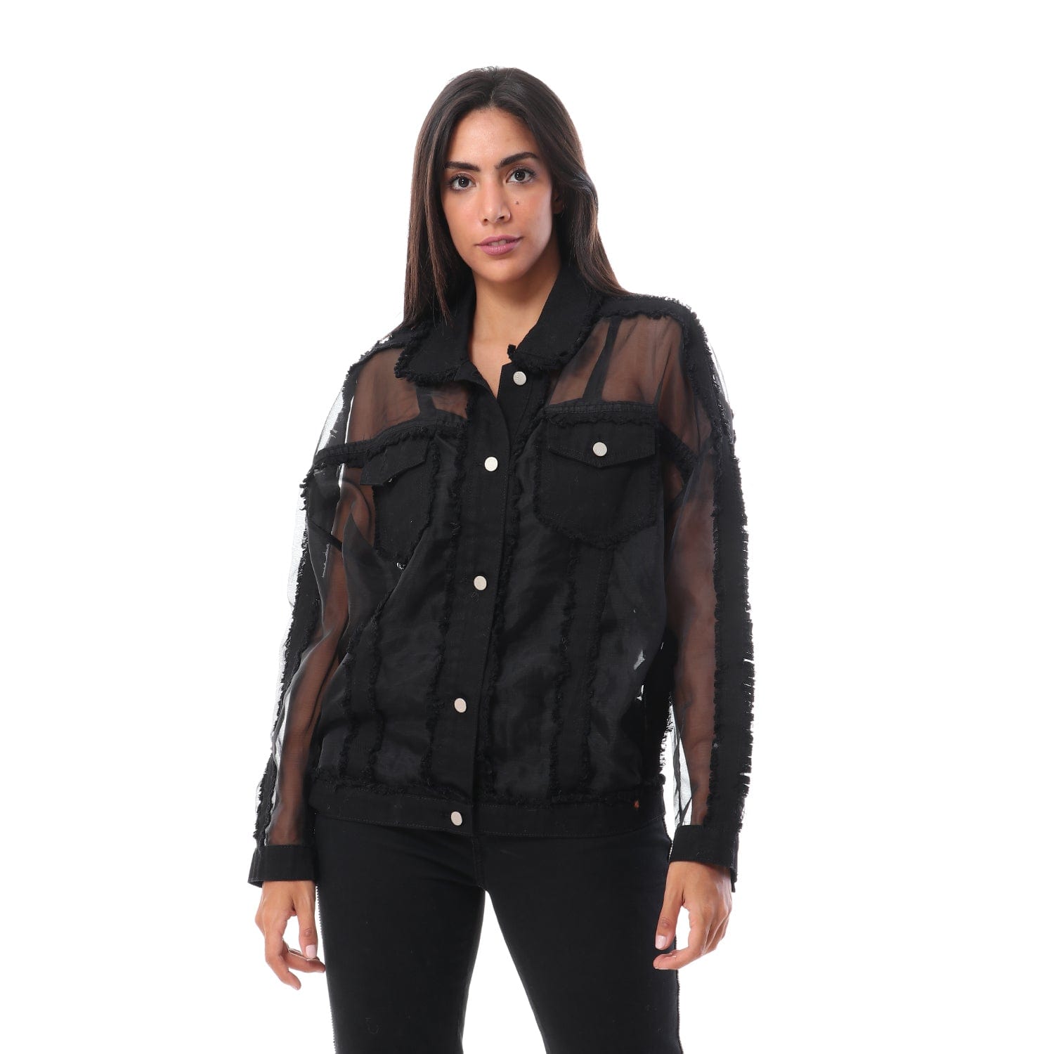 داليدرس جاكيت شفاف أوفر سايز بأزرار أمامية كم طويل نسائي أسود