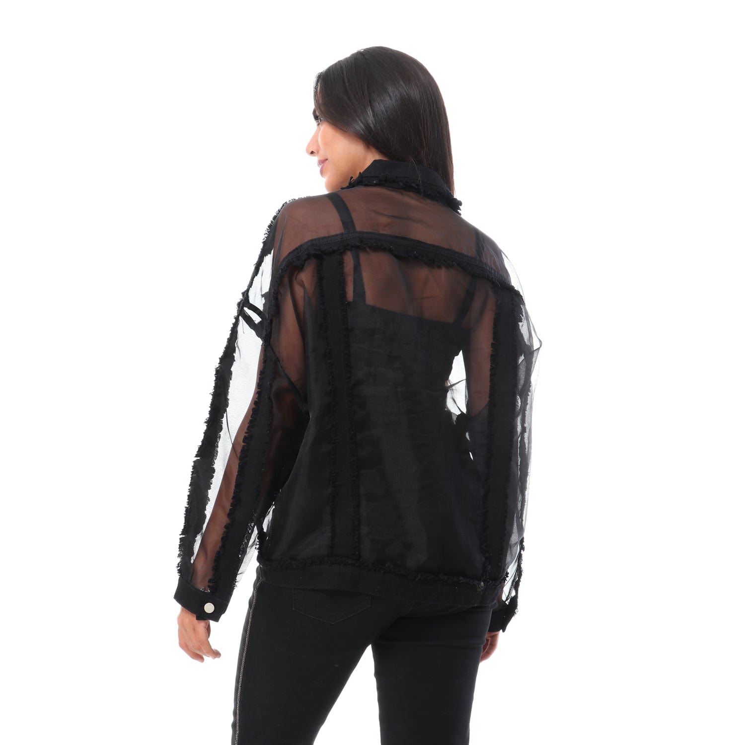 داليدرس جاكيت شفاف أوفر سايز بأزرار أمامية كم طويل نسائي أسود