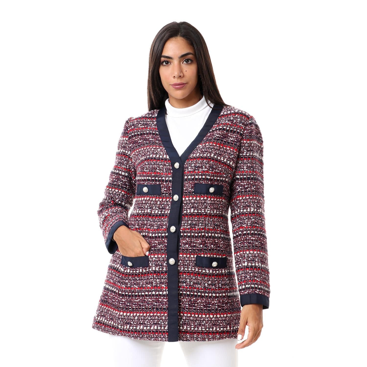 داليدرس جاكيت بأزرار أمامية كم طويل نسائي كحلي/أحمر