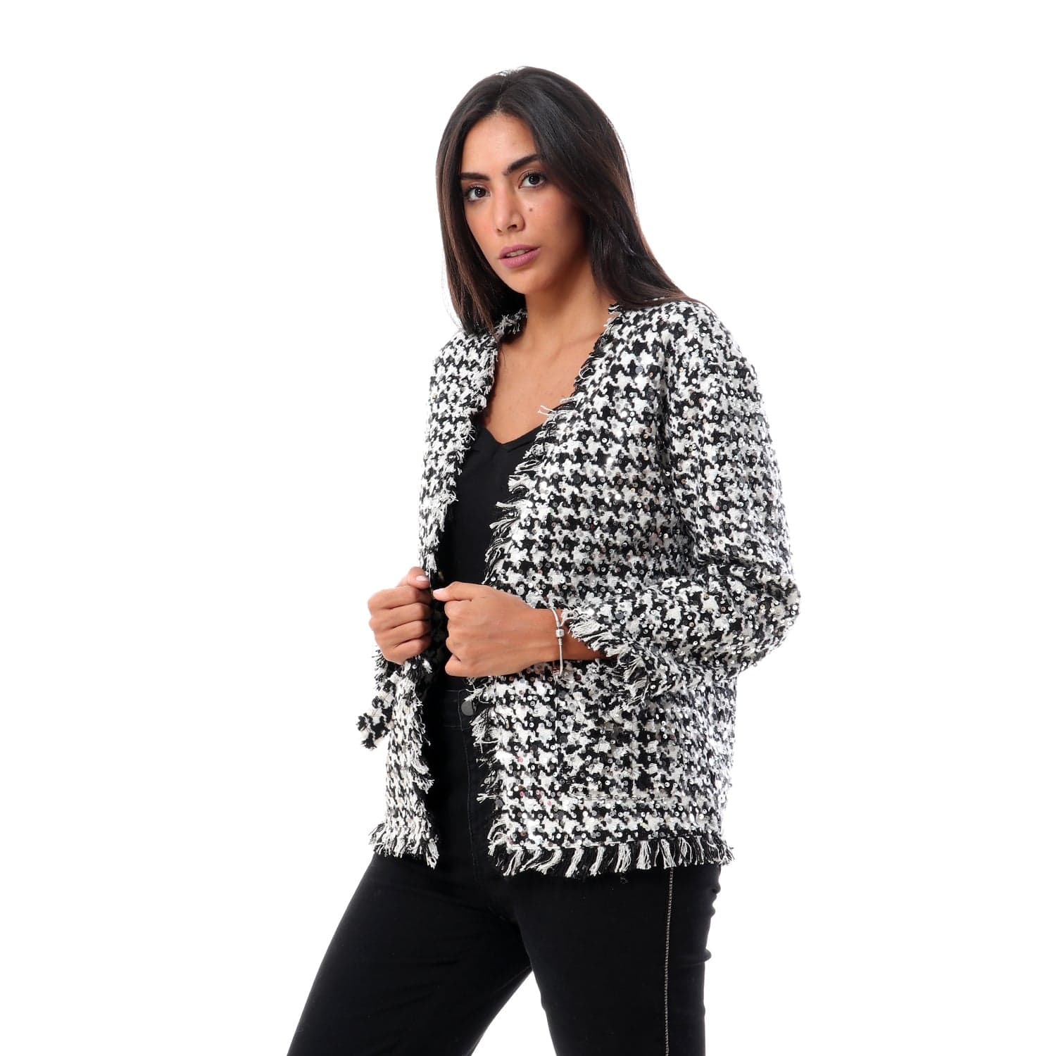 داليدرس جاكيت منقوش واسع كم طويل مفتوح نسائي أسود/أبيض