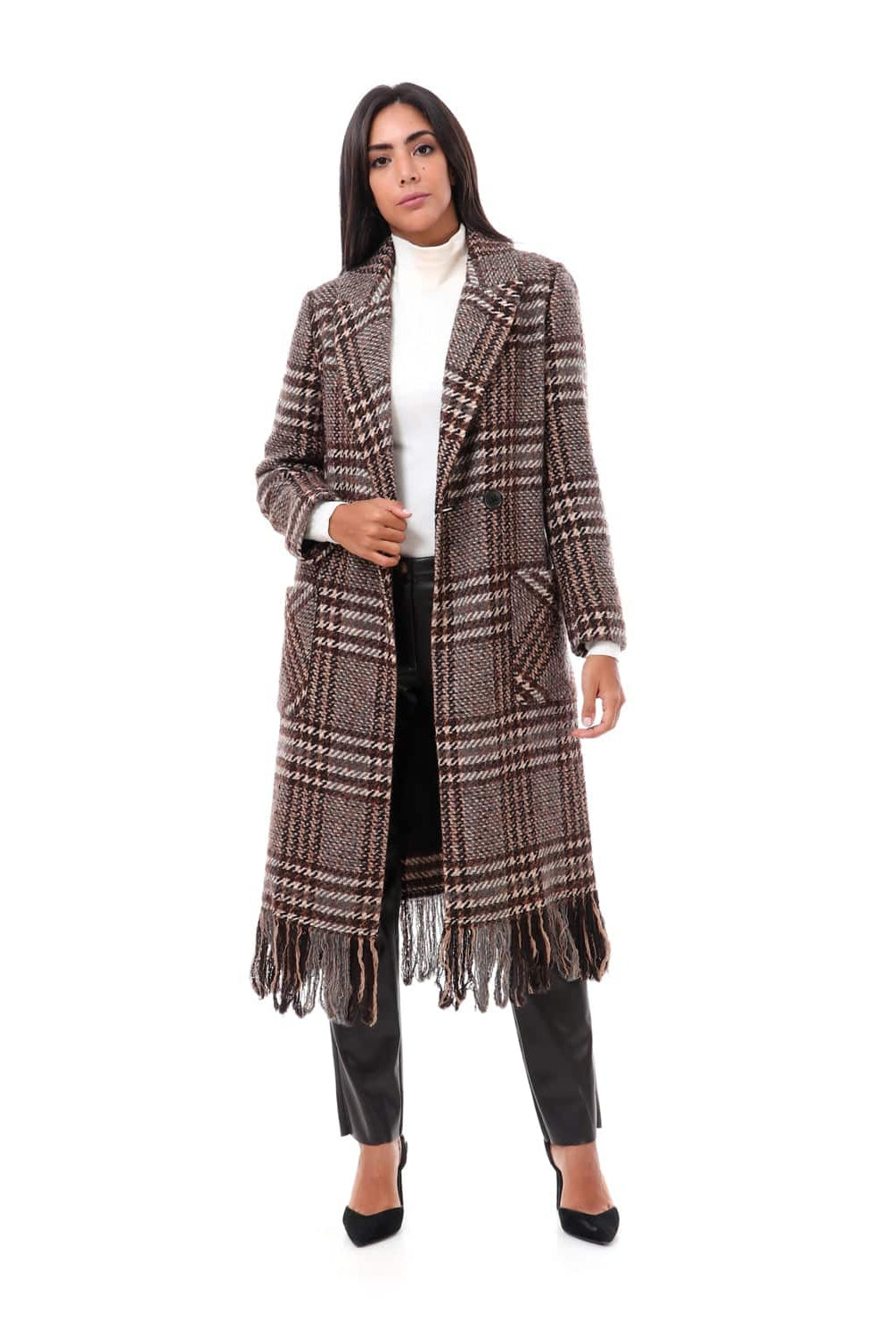 داليدرس جاكيت كاروهات طويل كم طويل بأزرار أمامية نسائي بني/بيج