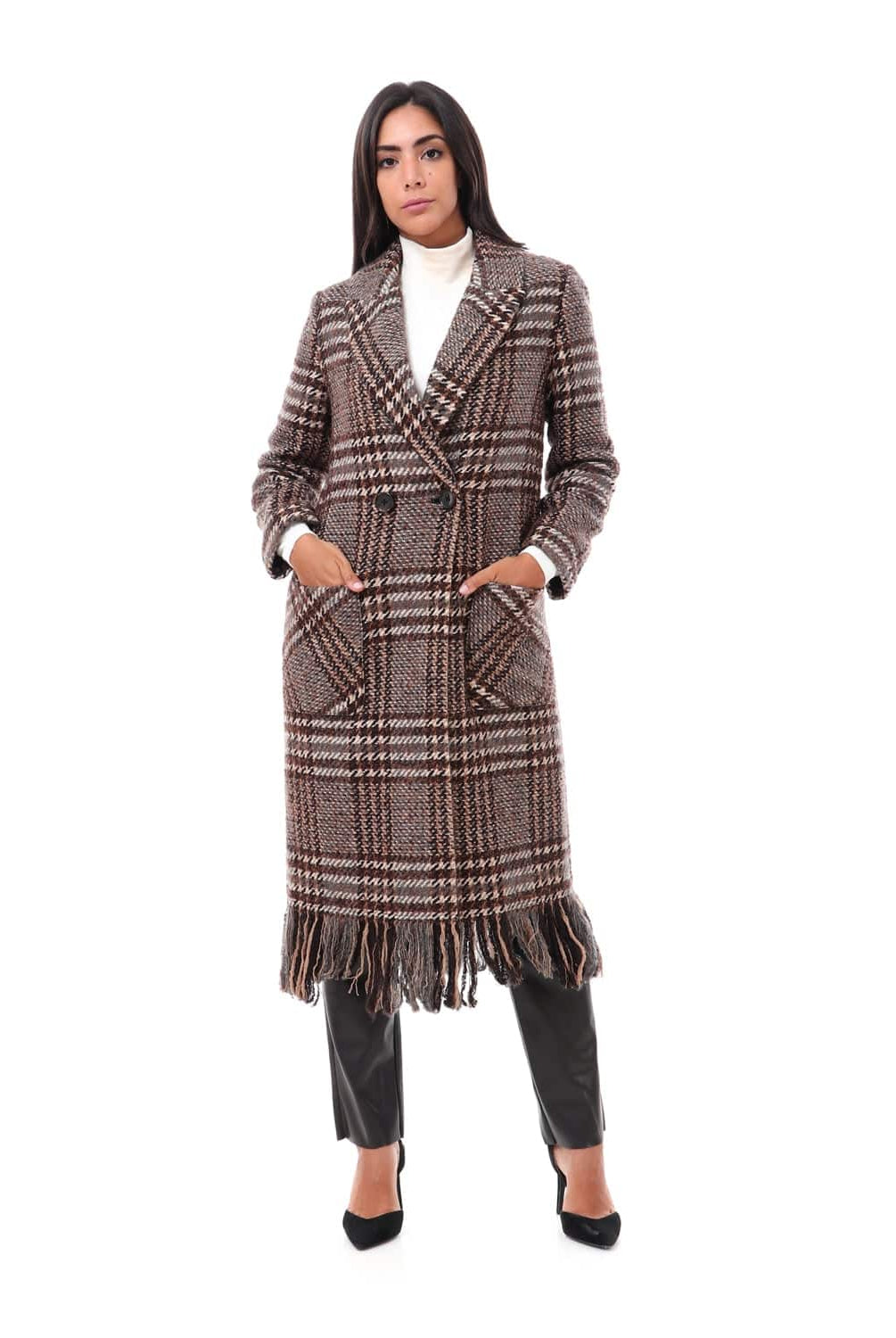 داليدرس جاكيت كاروهات طويل كم طويل بأزرار أمامية نسائي بني/بيج