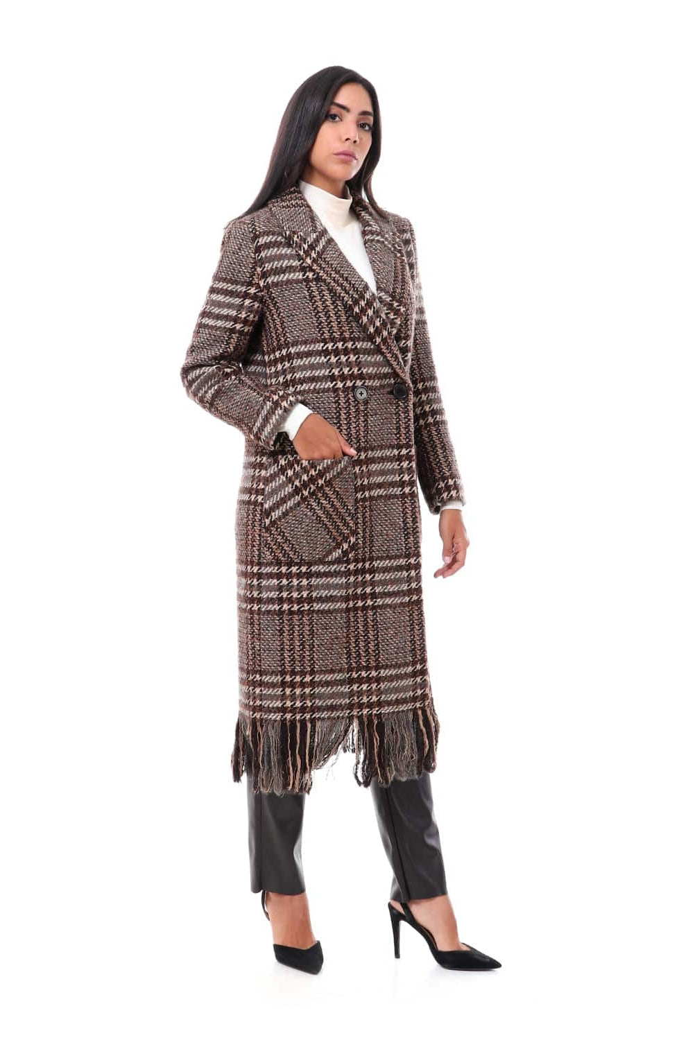 داليدرس جاكيت كاروهات طويل كم طويل بأزرار أمامية نسائي بني/بيج