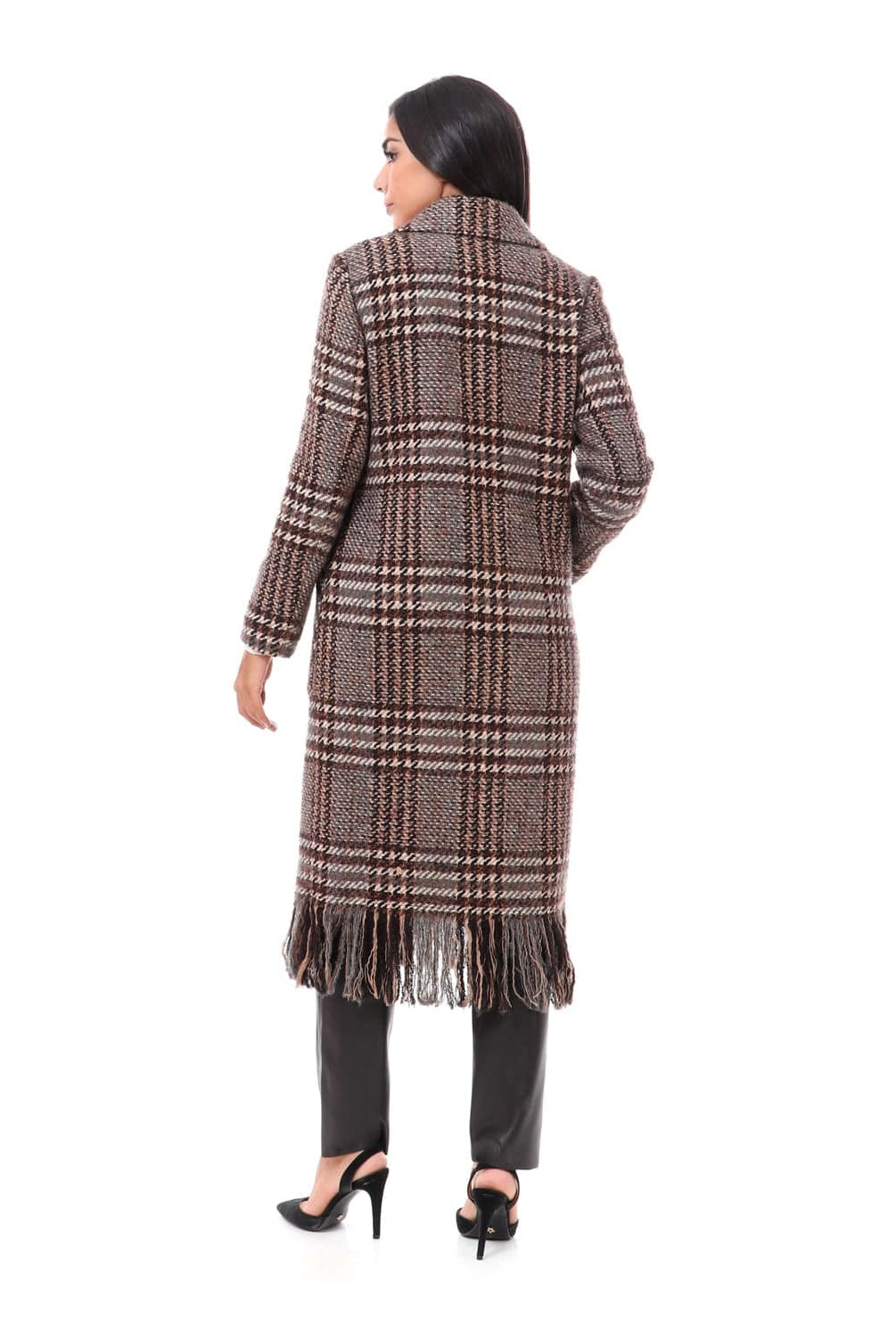 داليدرس جاكيت كاروهات طويل كم طويل بأزرار أمامية نسائي بني/بيج