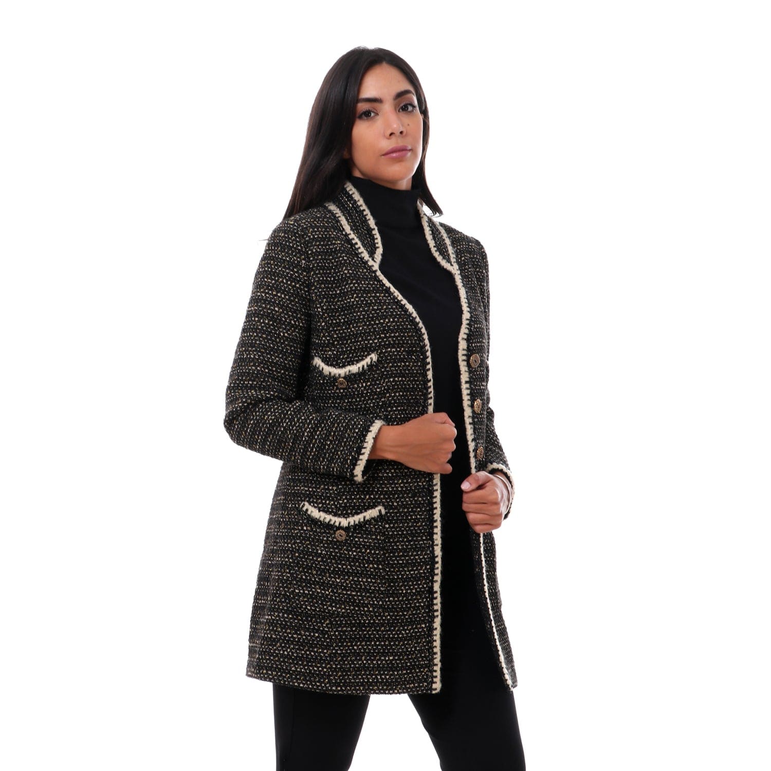 داليدرس جاكيت بخيوط متداخلة بأزرار أمامية كم طويل نسائي أسود/ذهبي