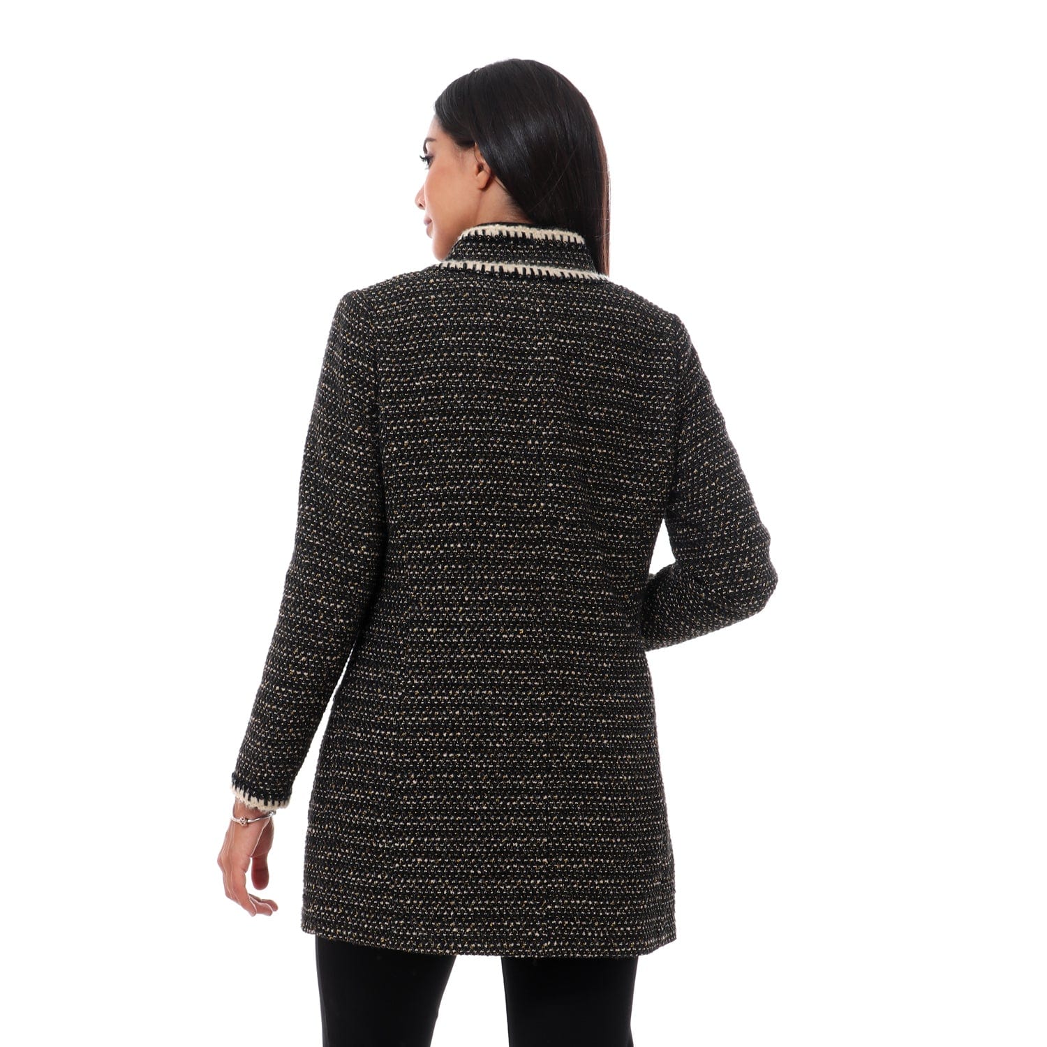 داليدرس جاكيت بخيوط متداخلة بأزرار أمامية كم طويل نسائي أسود/ذهبي