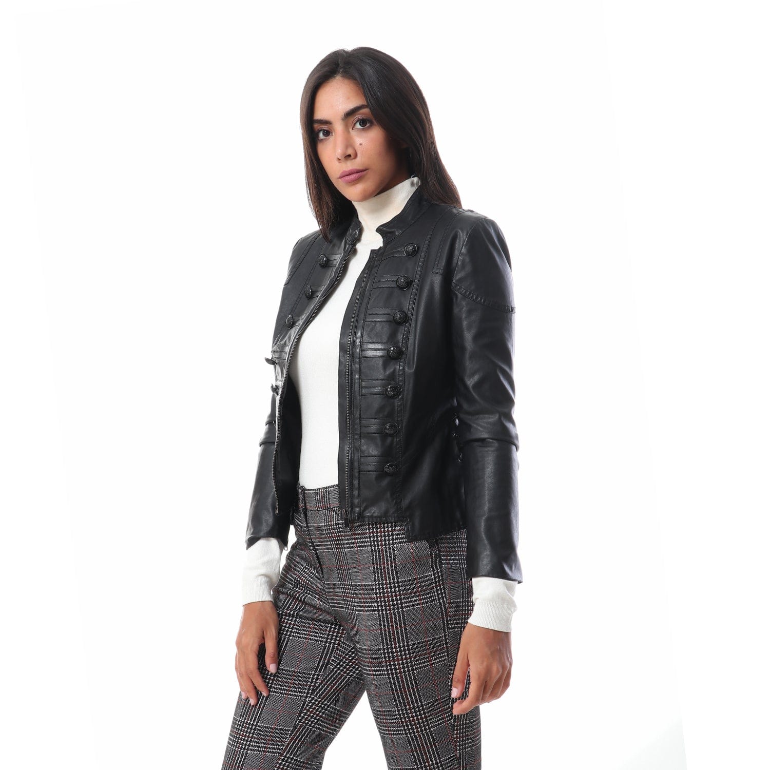 داليدرس جاكيت جلد سادة بأزرار أمامية قصير نسائي أسود