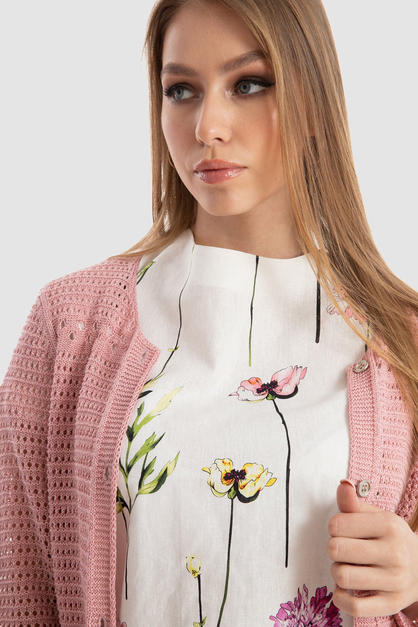 داليدرس كارديجان واسع مخرم بأزرار أمامية كم طويل نسائي