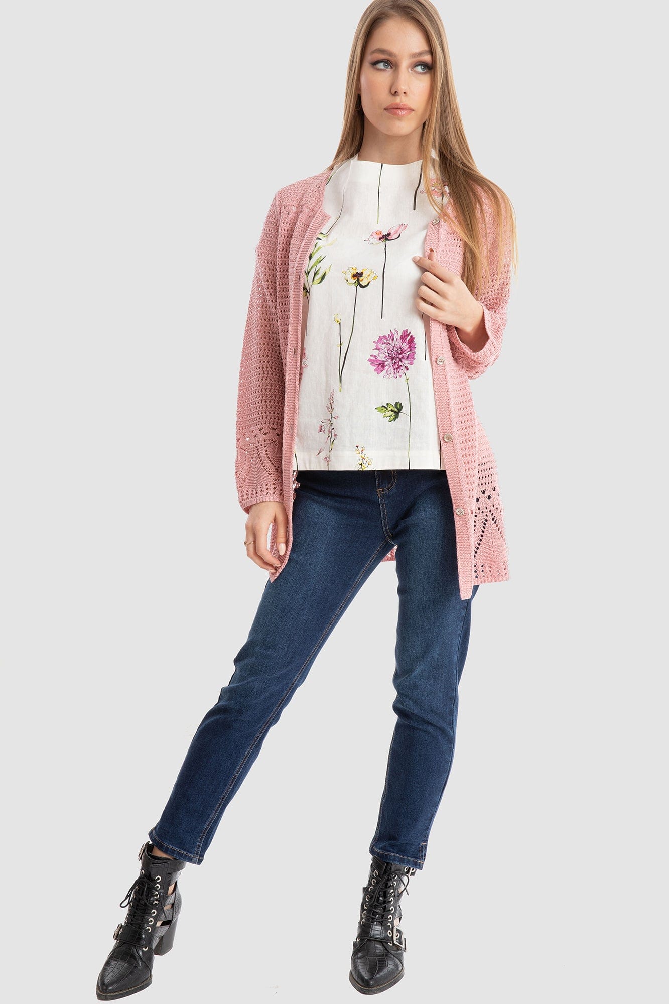 داليدرس كارديجان واسع مخرم بأزرار أمامية كم طويل نسائي