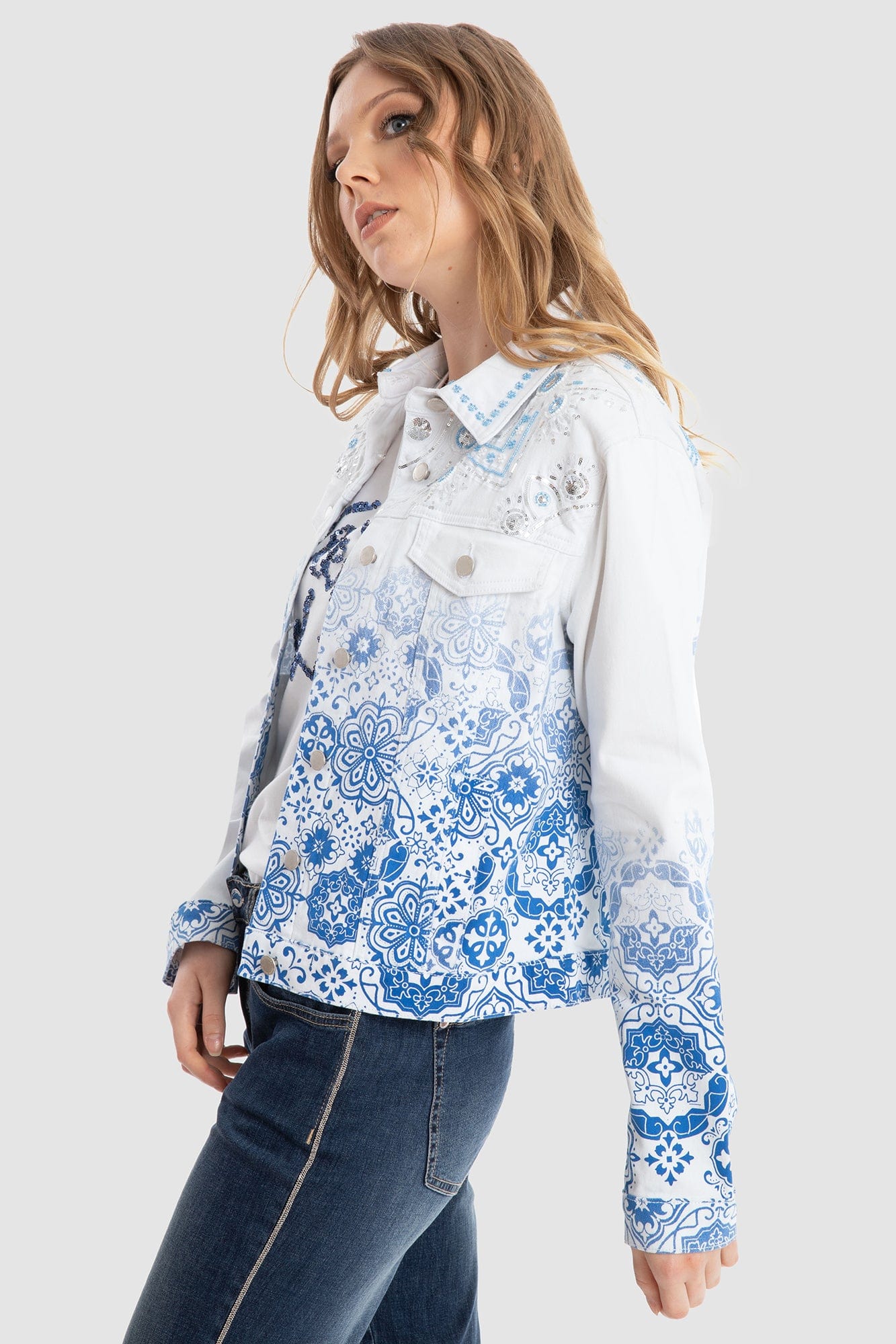 داليدرس جاكيت رسمي منقوش قصير كم طويل نسائي أزرق داكن مخضر