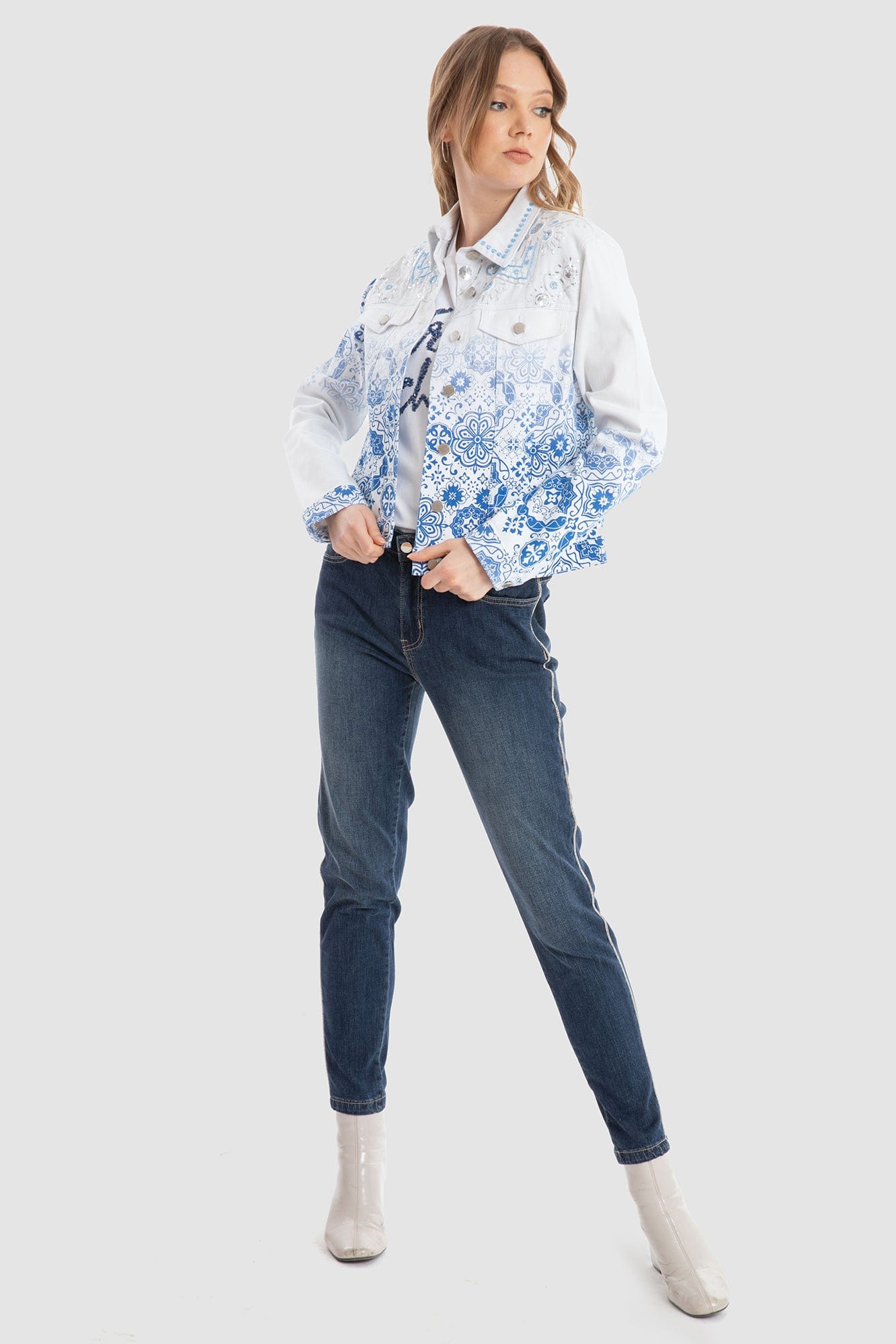 داليدرس جاكيت رسمي منقوش قصير كم طويل نسائي أزرق داكن مخضر