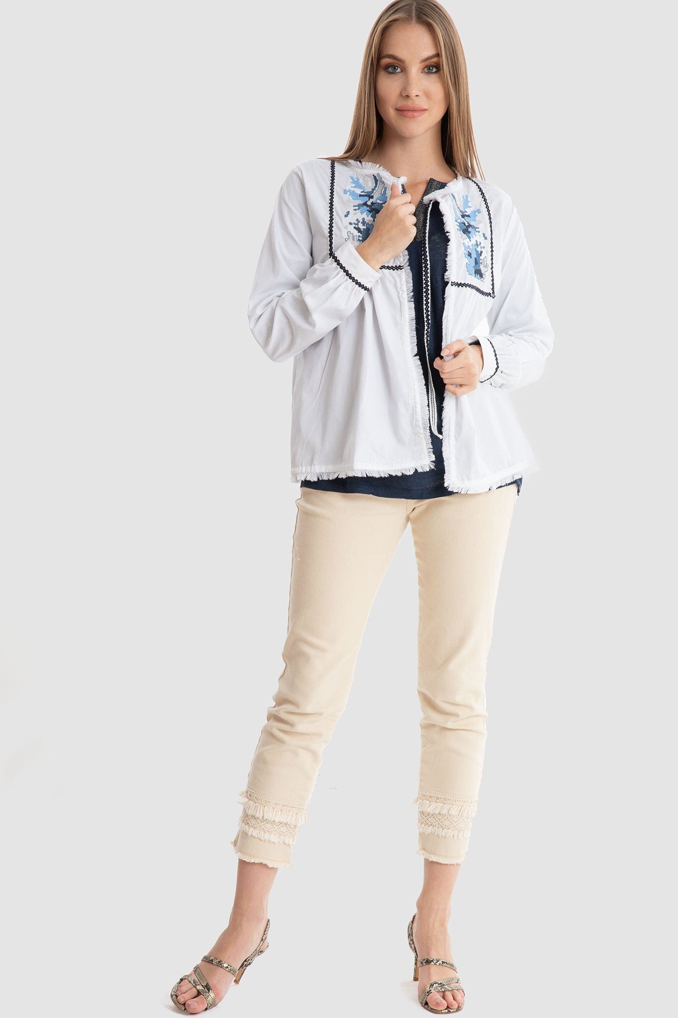 داليدرس جاكيت قصير مشجر من الأمام كم طويل نسائي أبيض/متعدد الألوان