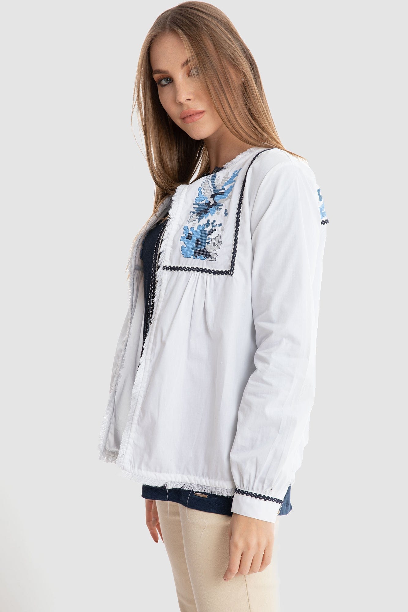 داليدرس جاكيت قصير مشجر من الأمام كم طويل نسائي أبيض/متعدد الألوان