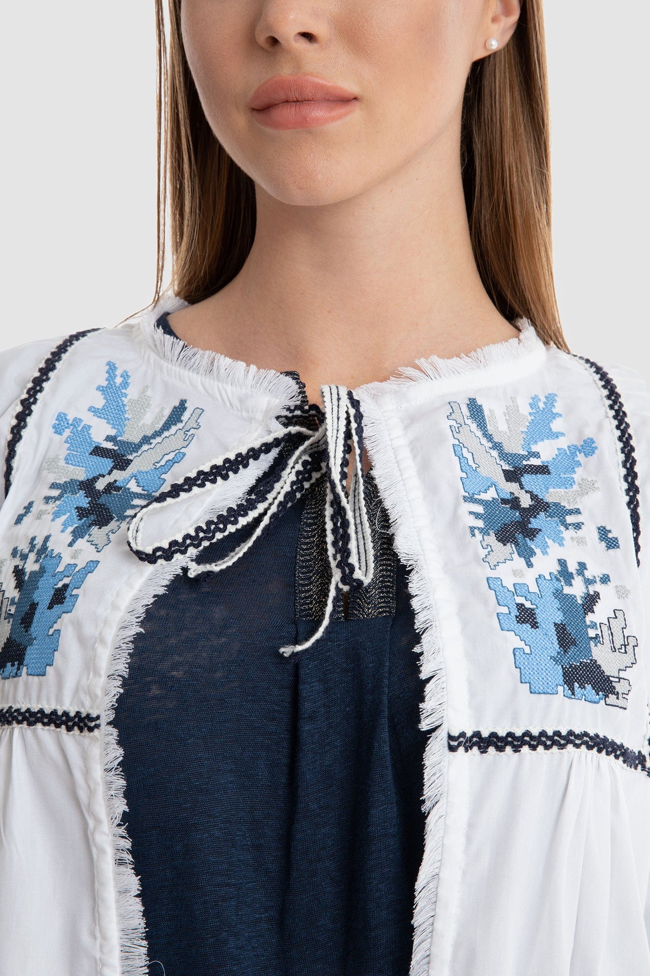 داليدرس جاكيت قصير مشجر من الأمام كم طويل نسائي أبيض/متعدد الألوان