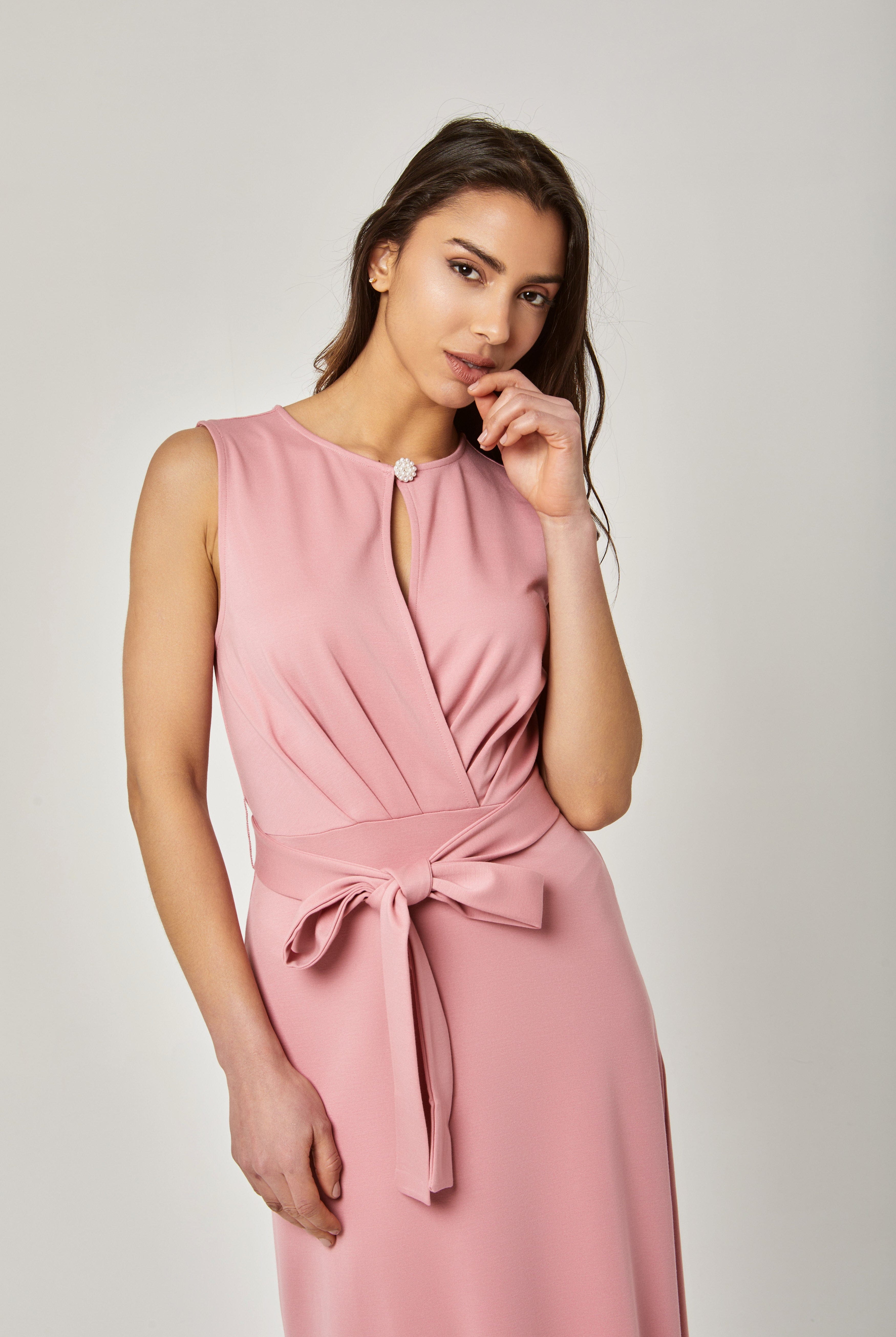 داليدرس فستان كت ميدي سادة مفتوح من الأمام برباط نسائي وردي فاتح