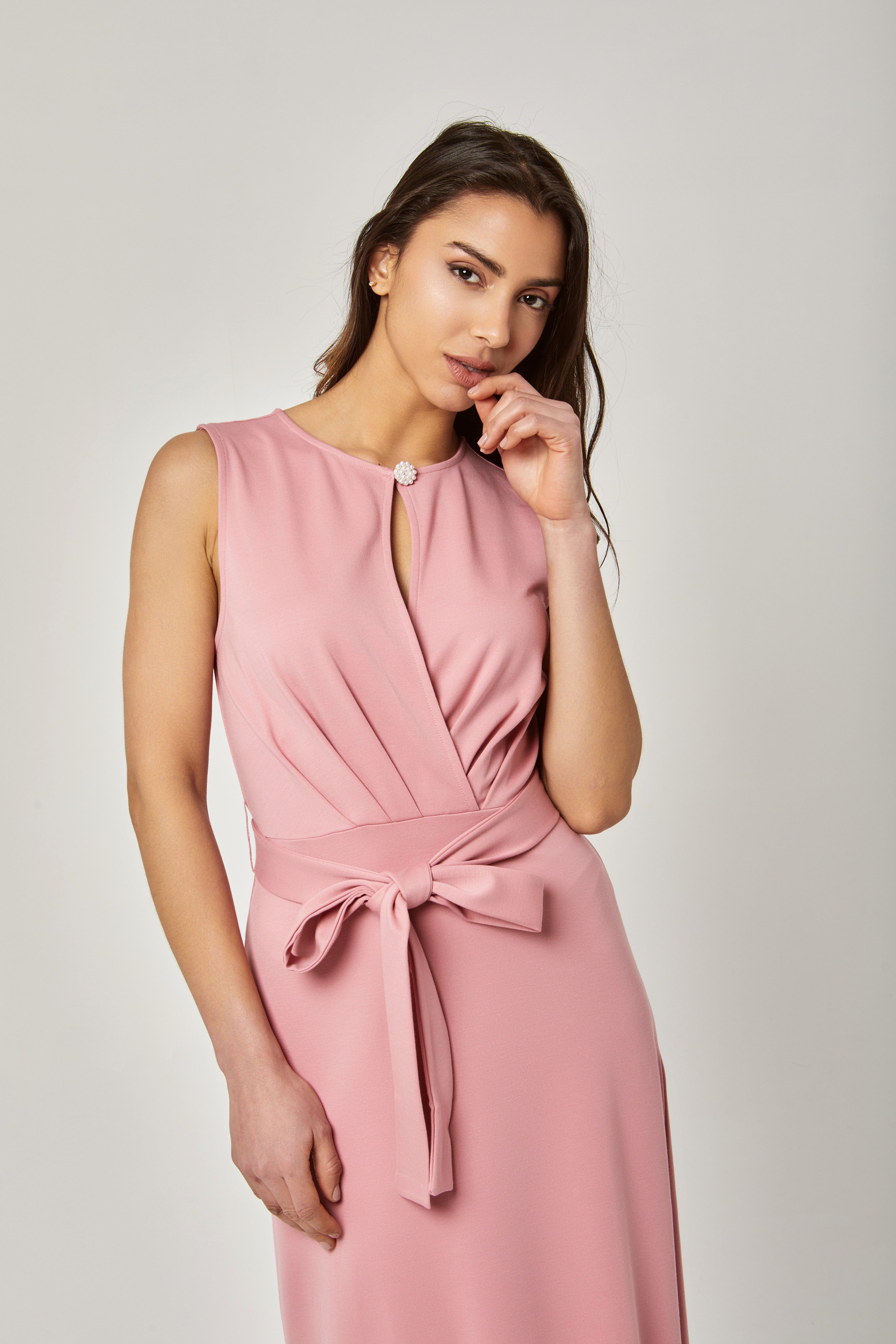 داليدرس فستان كت ميدي سادة مفتوح من الأمام برباط نسائي وردي فاتح