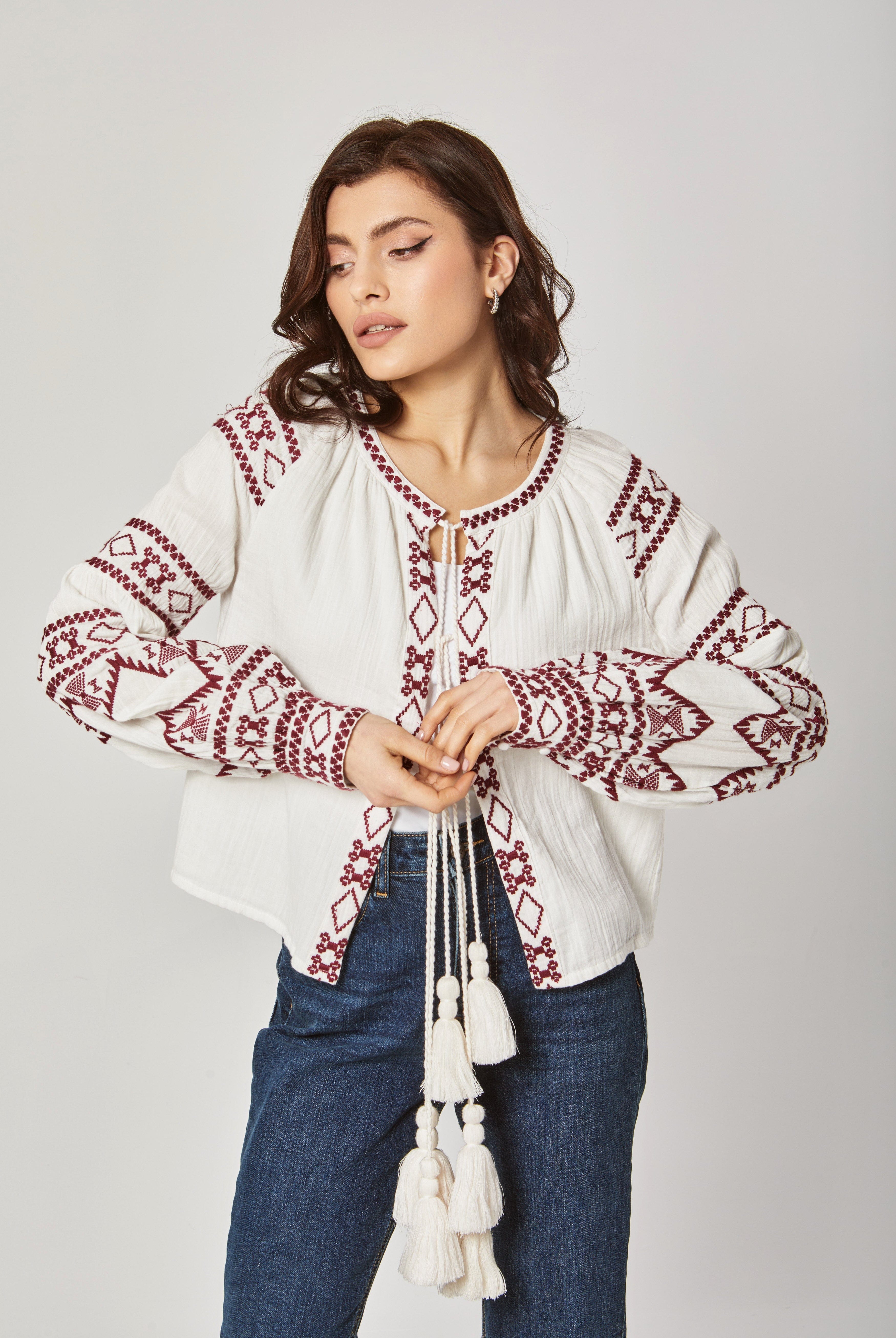 داليدرس كيمونو مطرز برباط طويل كم طويل مطرز نسائي أوف وايت