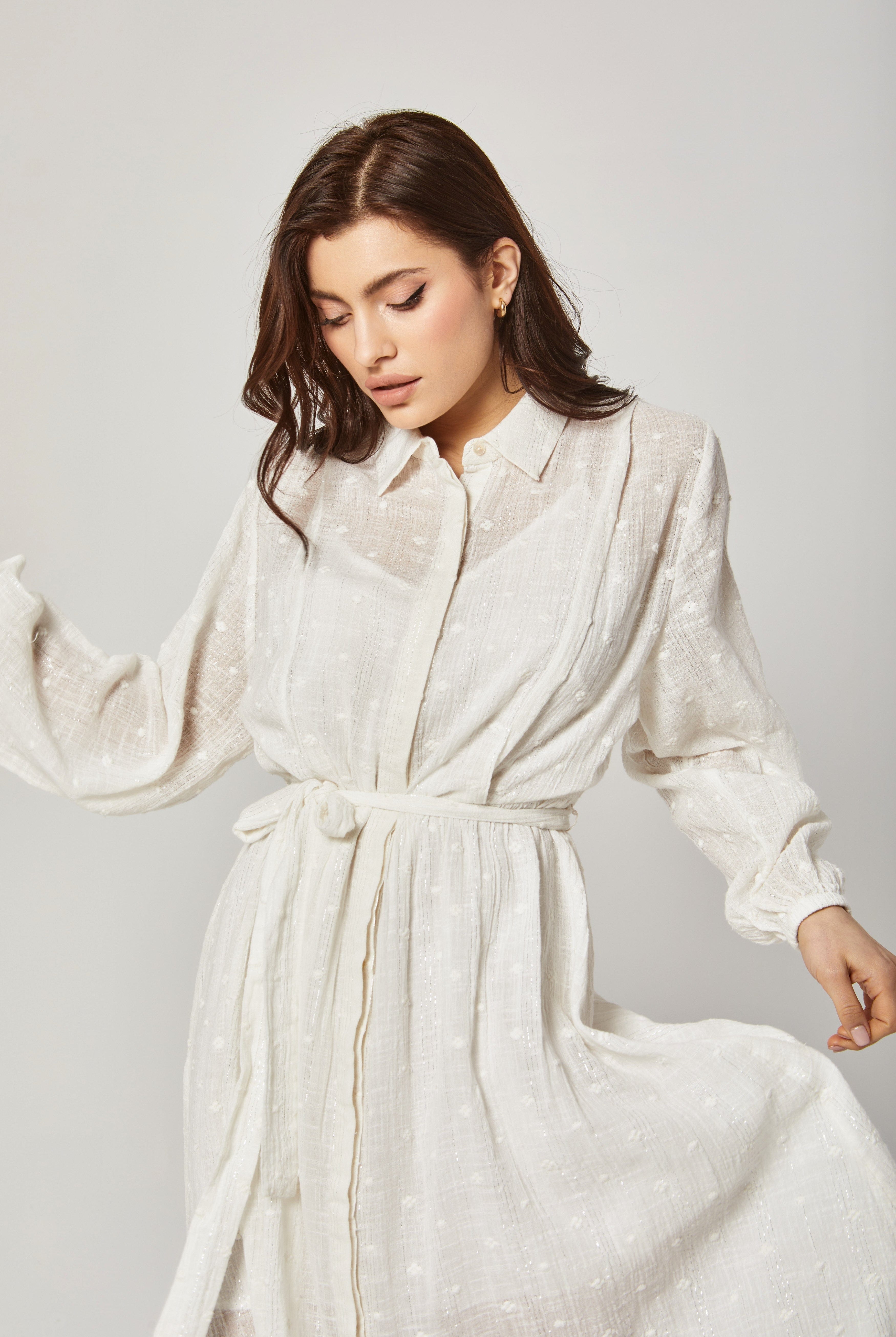 داليدرس فستان قميص شفاف بحزام خصر بأكمام طويلة واسعة بيج فاتح