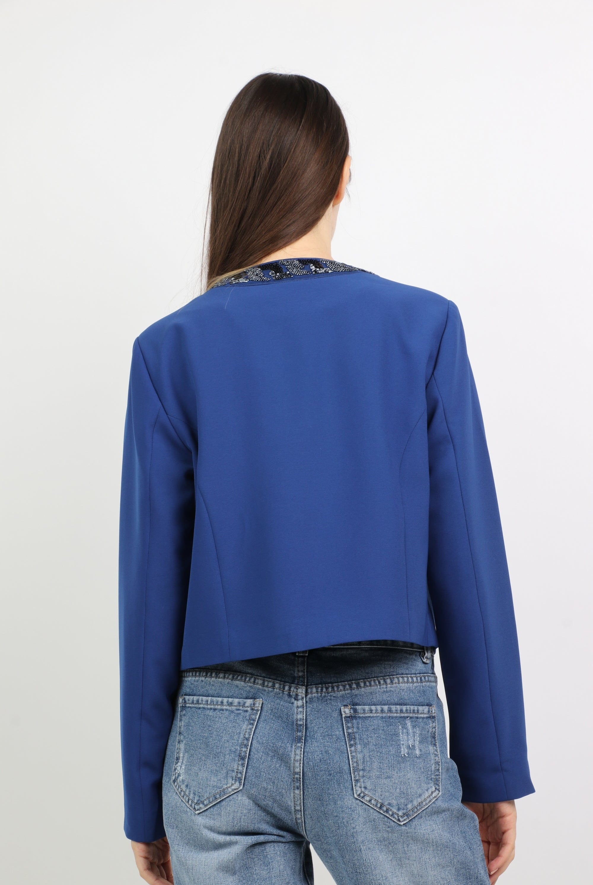 داليدرس جاكيت قصير سادة مزين بالستراس من أعلى نسائي أزرق