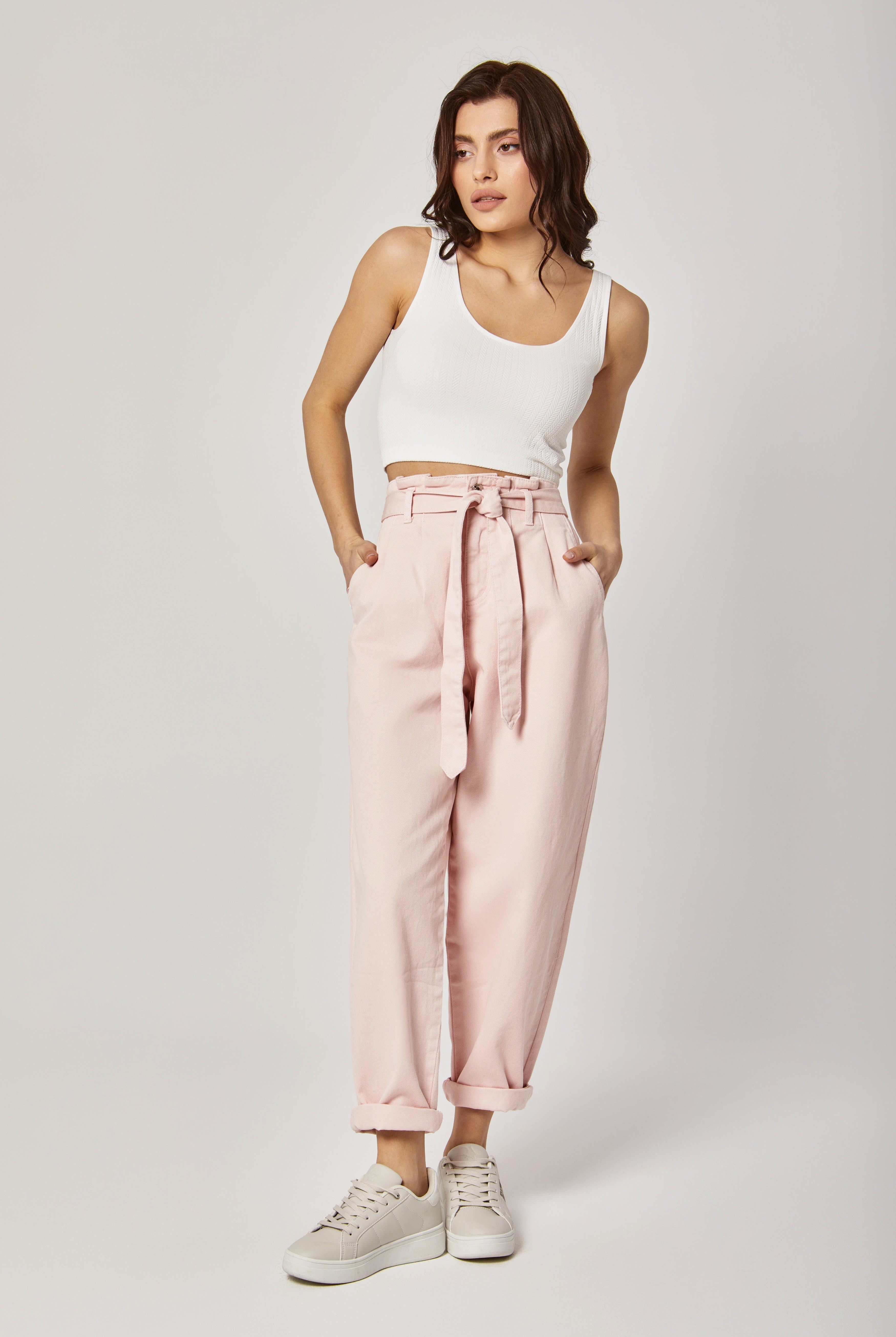 داليدرس بنطلون سادة واسع خصر مرتفع بربطة خصر نسائي وردي