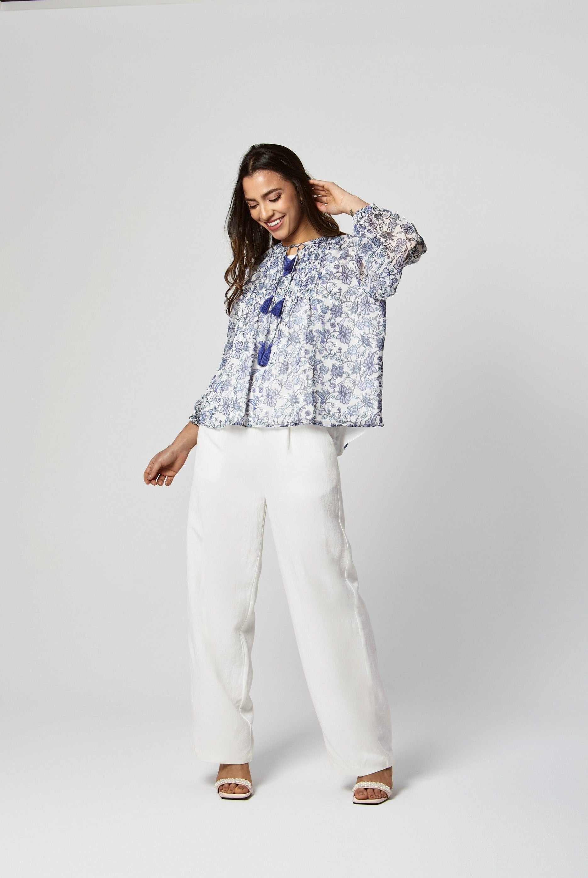 داليدرس بلوزة نسائية مشجرة بأكمام طويلة أزرق