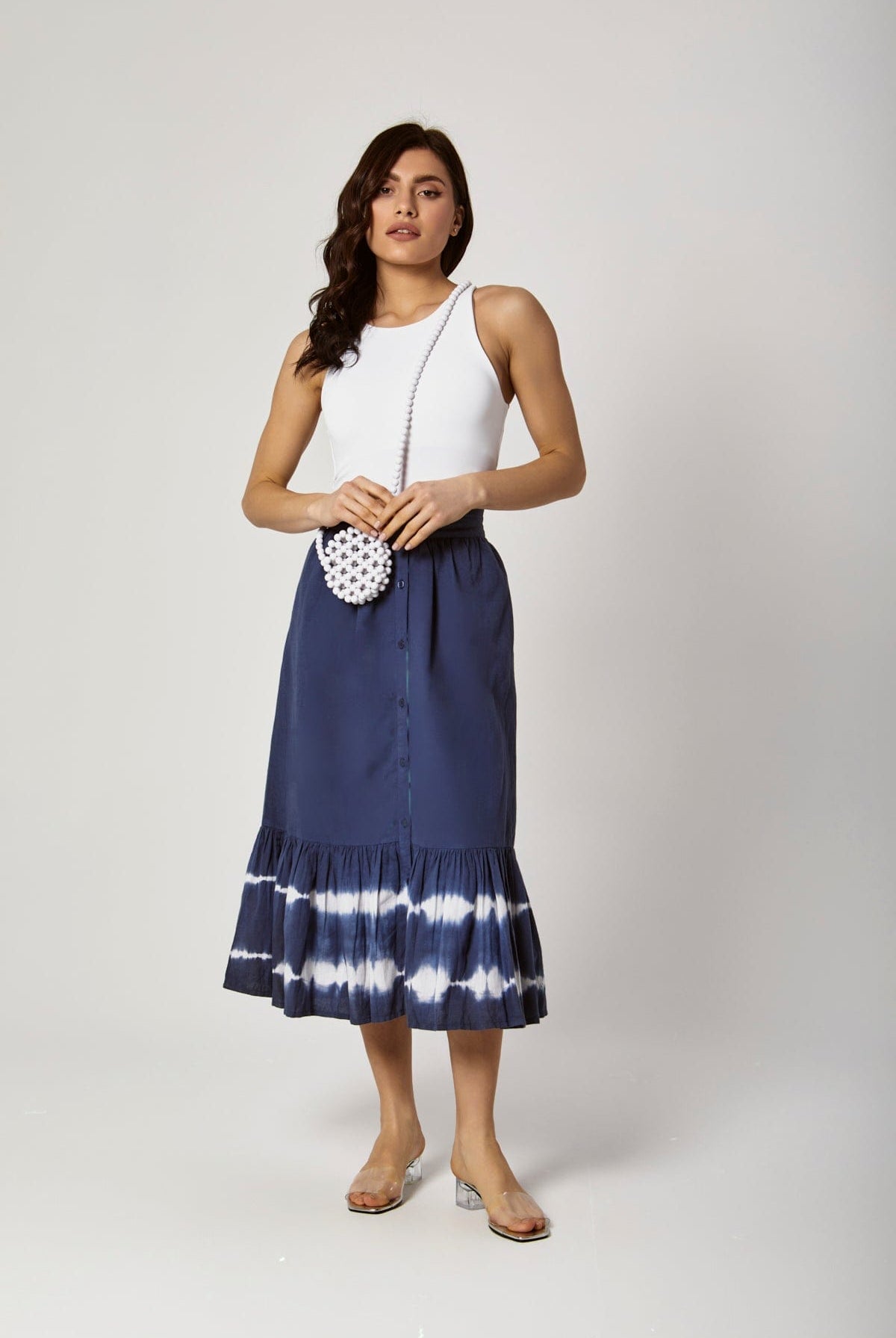 داليدرس جيبه ميدي نسائية خصر مزموم بأزرار أمامية أزرق