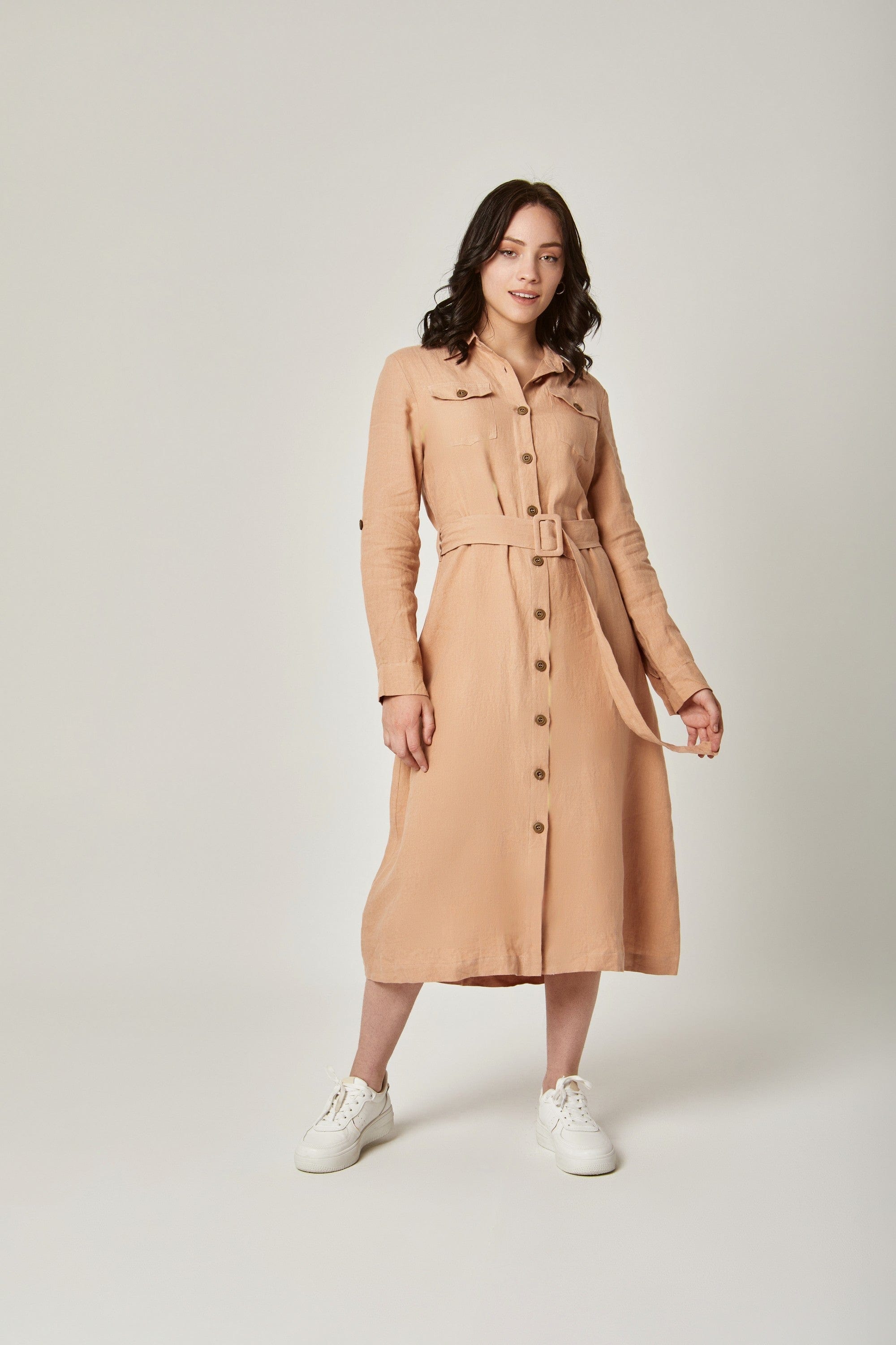 داليدرس فستان ميدي سادة بأزرار أمامية 3/4 كم نسائي لوز