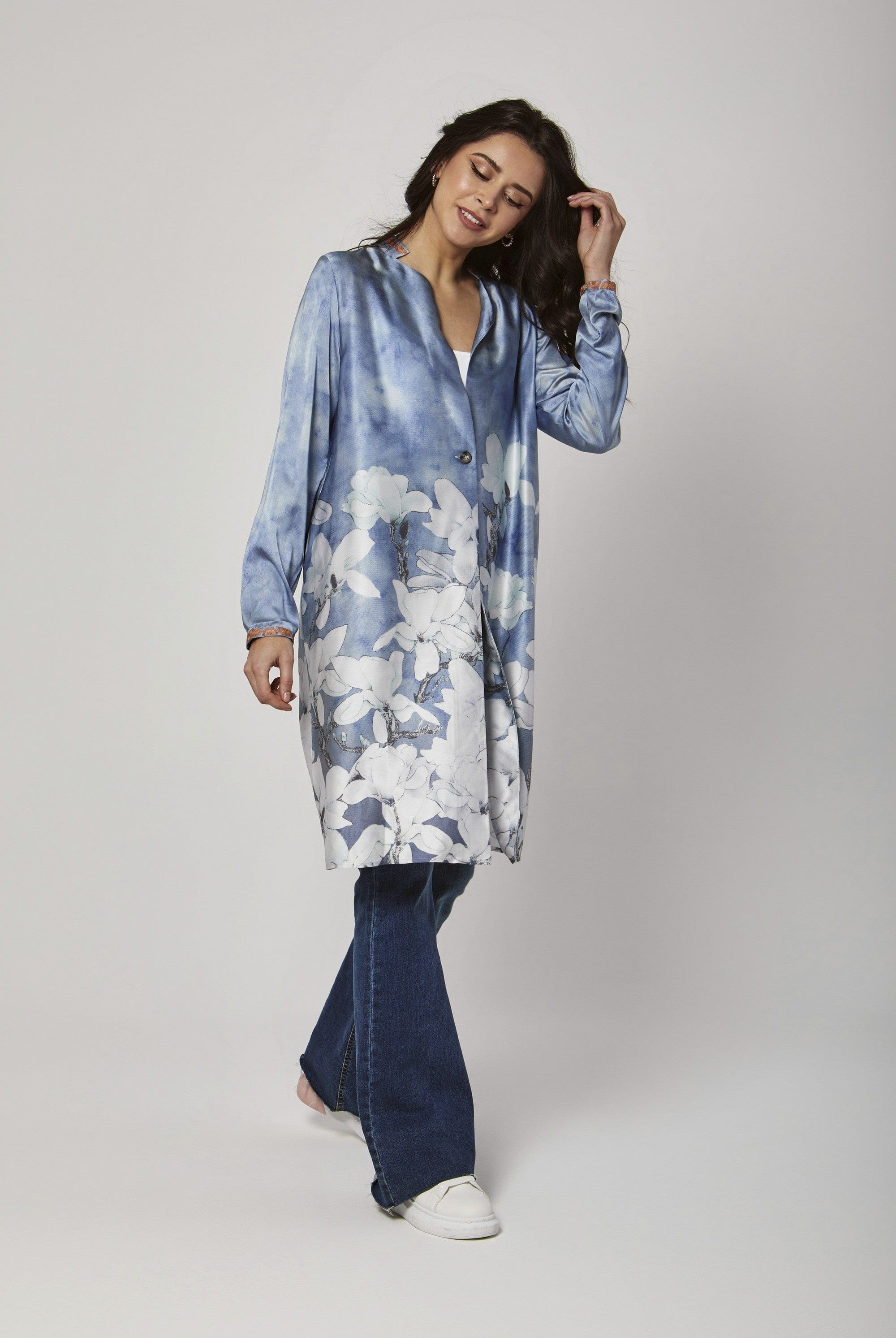 داليدرس فستان قصير ناعم مشجر كم طويل أزرق