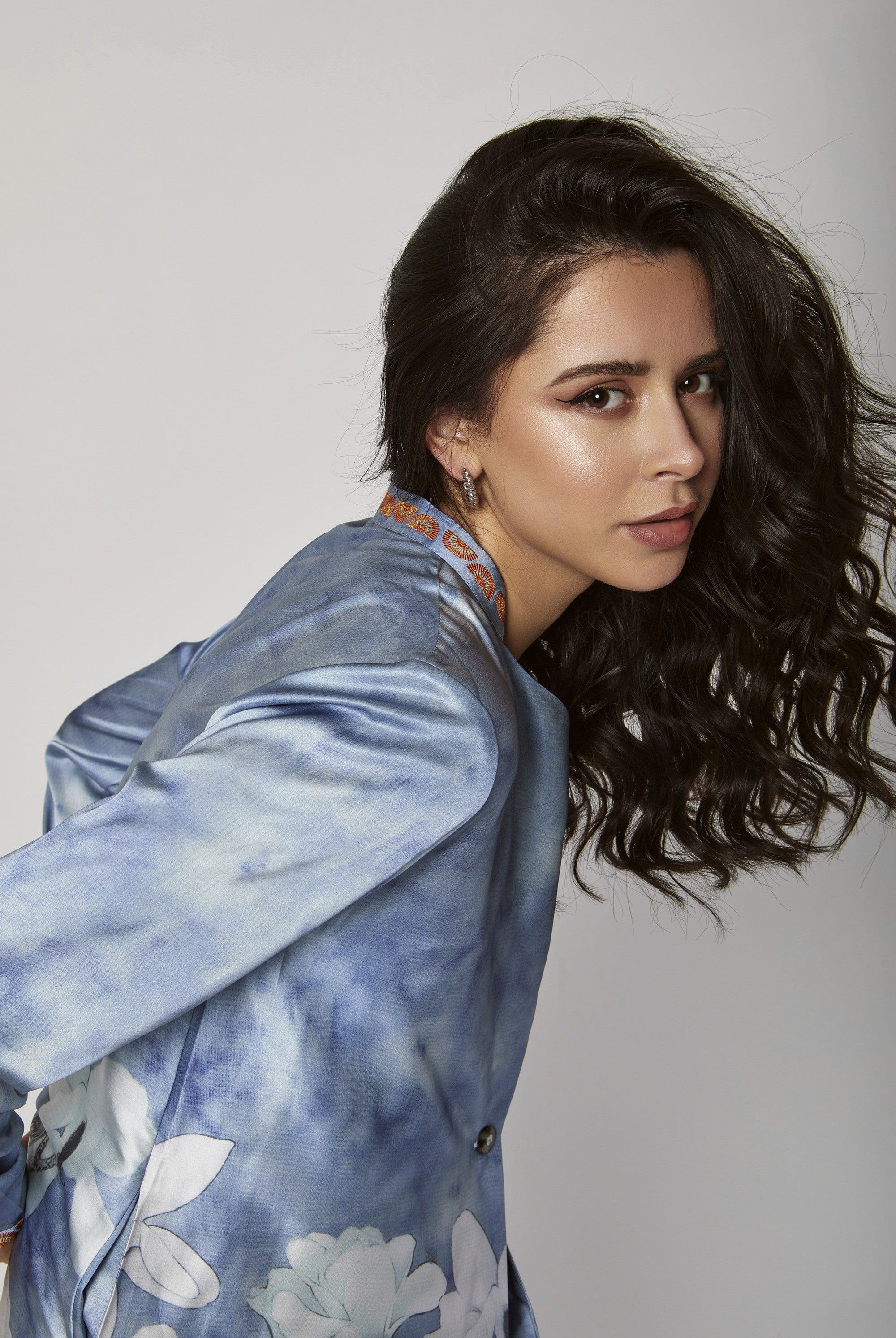 داليدرس فستان قصير ناعم مشجر كم طويل أزرق