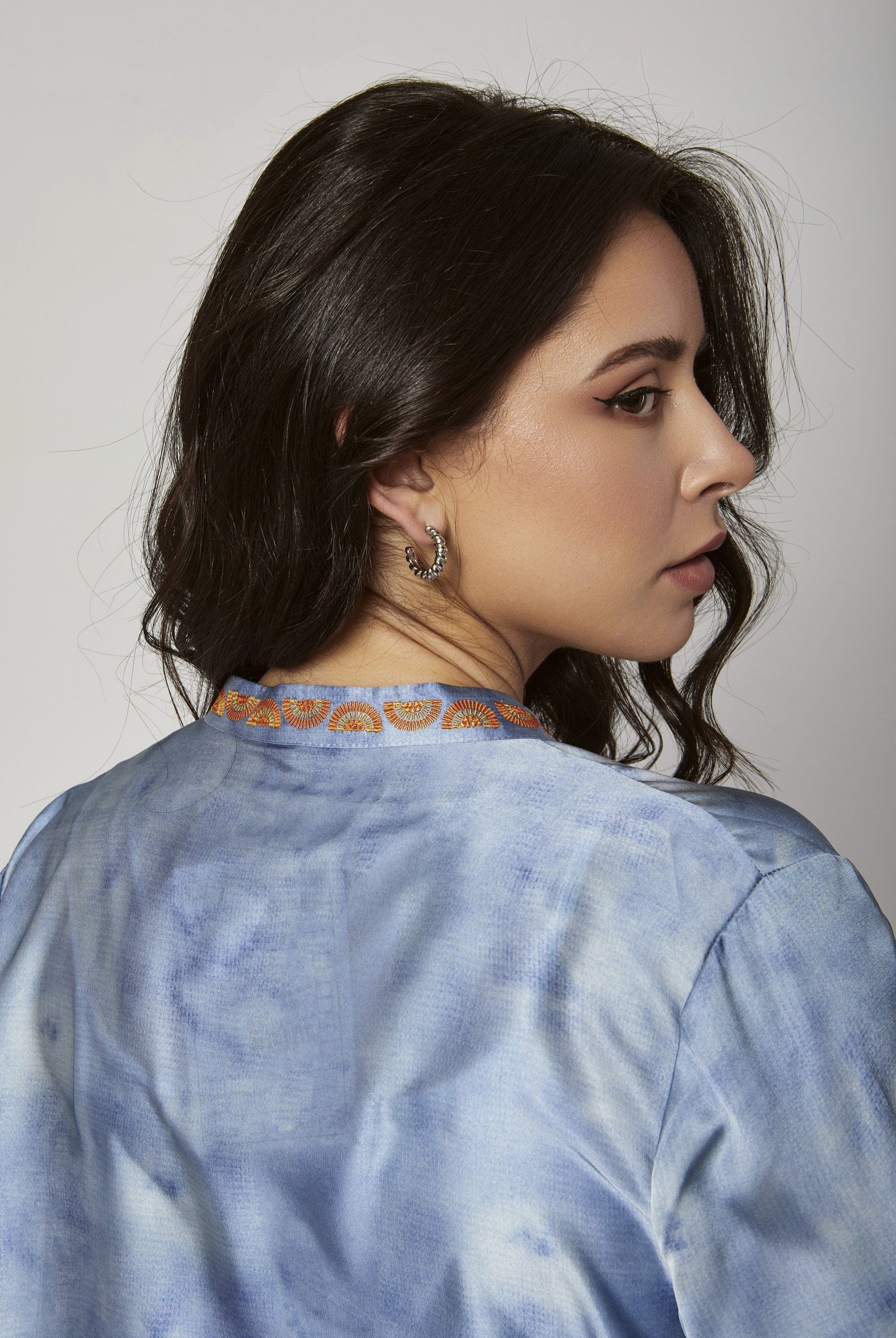 داليدرس فستان قصير ناعم مشجر كم طويل أزرق