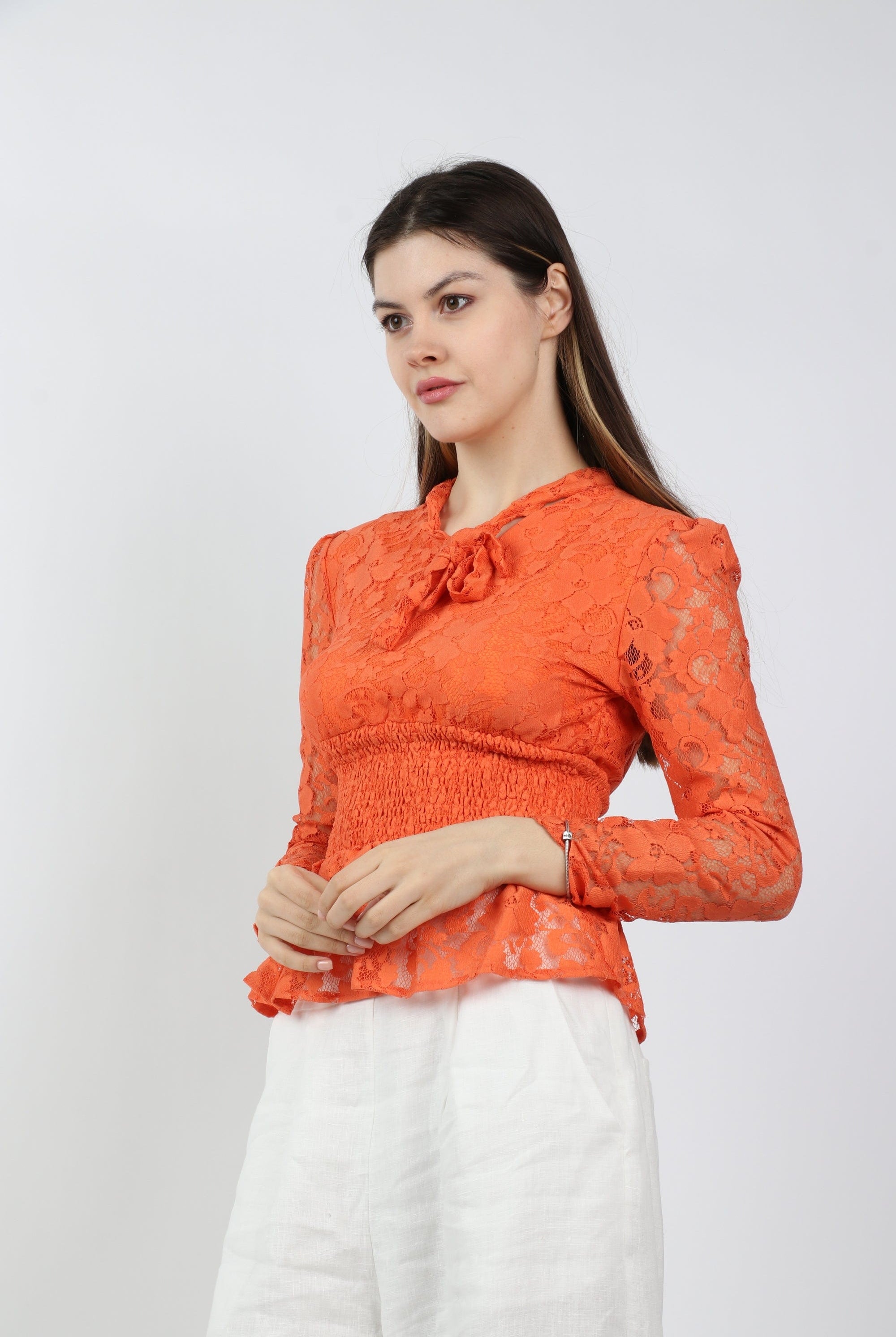 داليدرس بلوزة مخصرة دانتيل كم طويل نسائي برتقالي