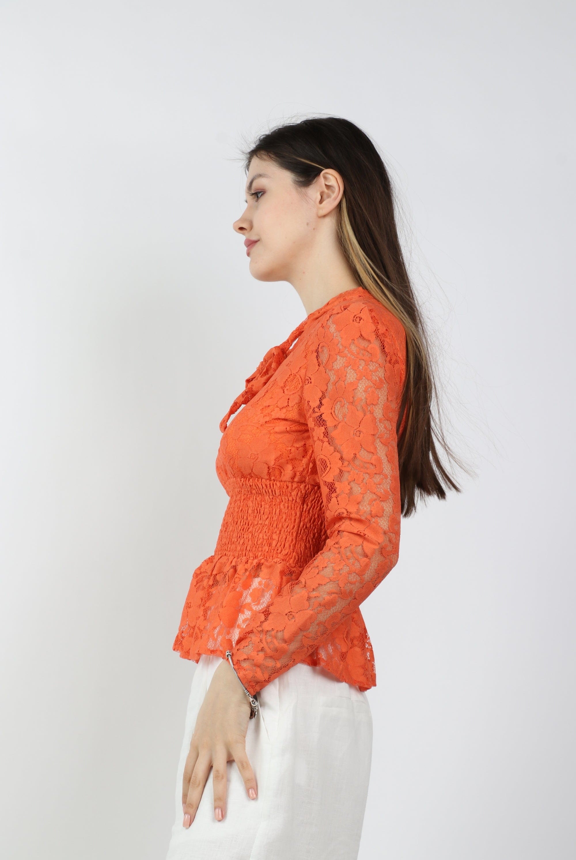 داليدرس بلوزة مخصرة دانتيل كم طويل نسائي برتقالي