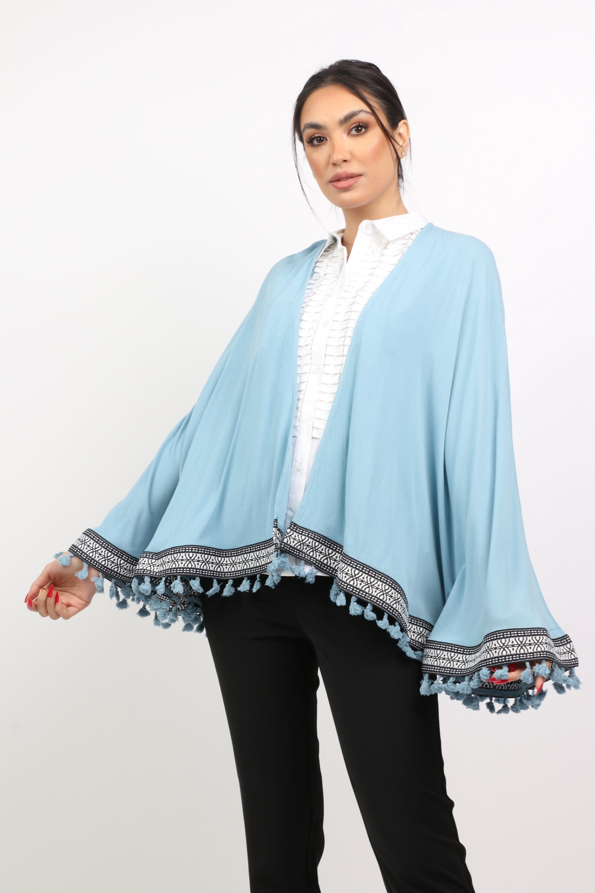 داليدرس كيمونو سادة كم طويل مفتوح مزين بالخيط نسائي أزرق