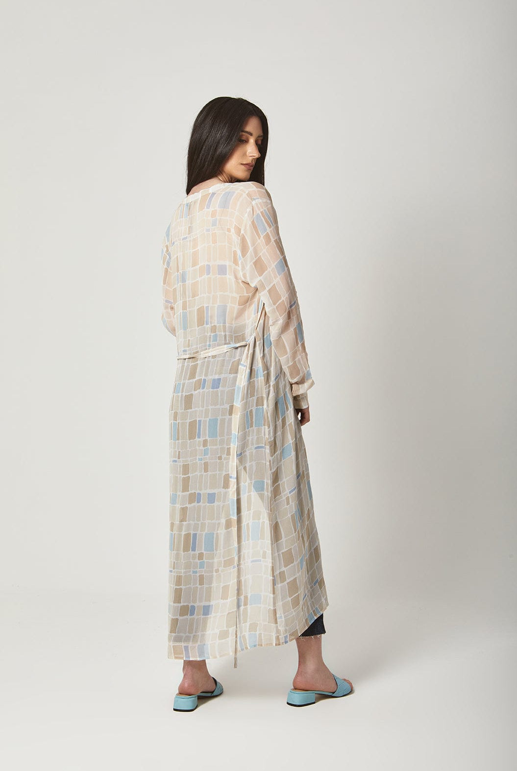 داليدرس كارديجان طويل مربعات كم طويل برباط على الخصر نسائي أزرق