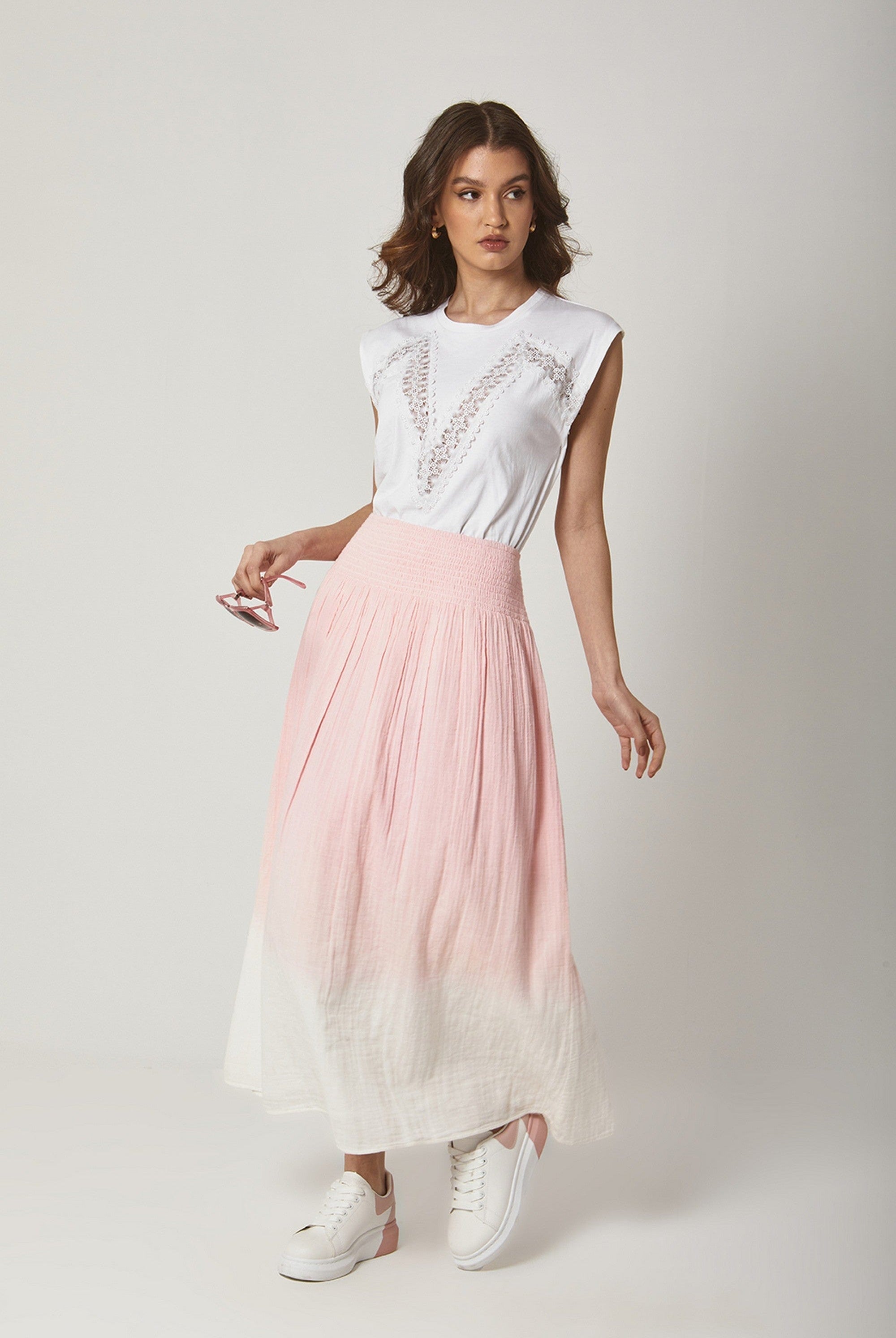 داليدرس تنورة طويلة بخصر مطاط عريض لونين أوف وايت