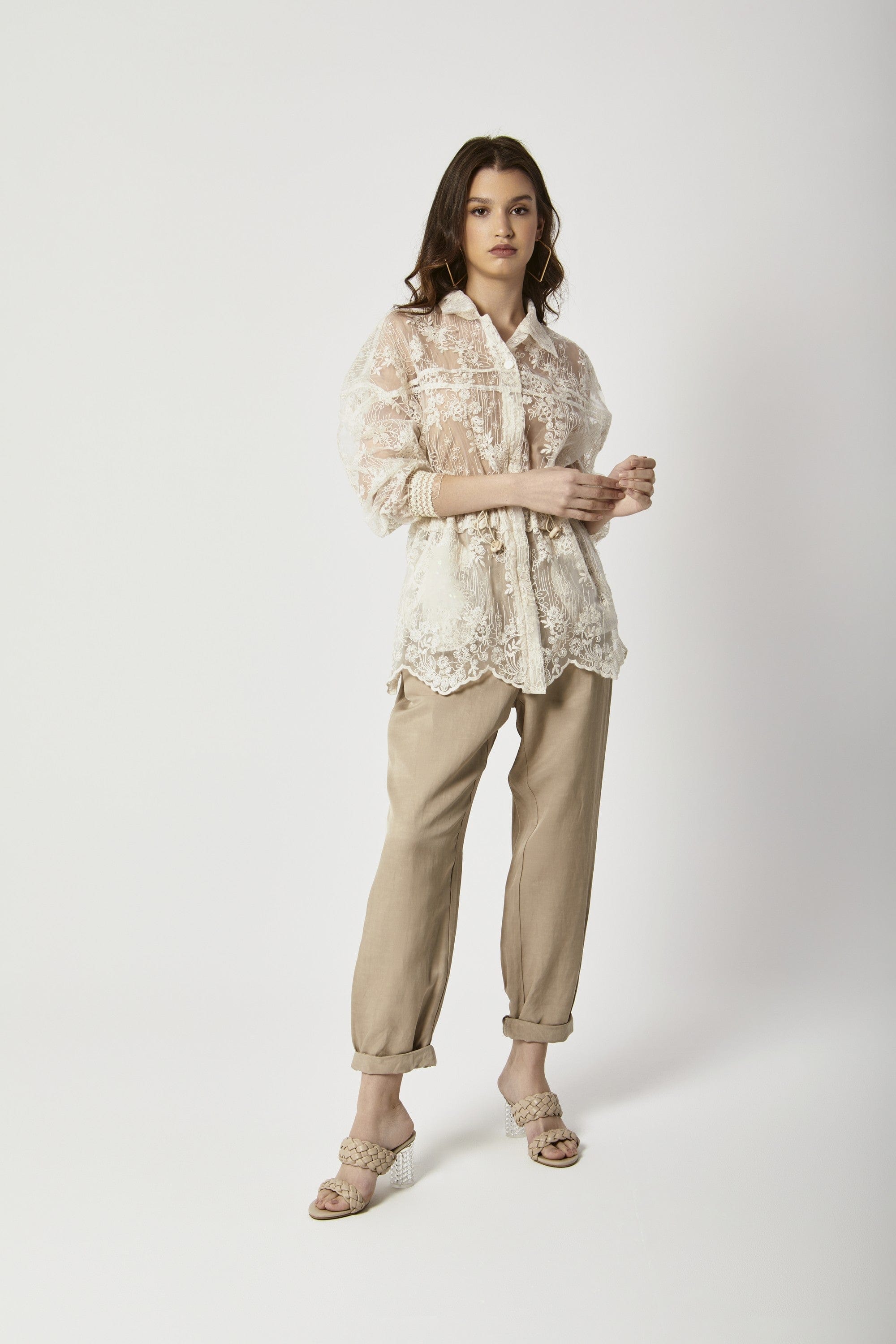 داليدرس جاكيت دانتيل بأزرار وحزام على الخصر كم طويل نسائي