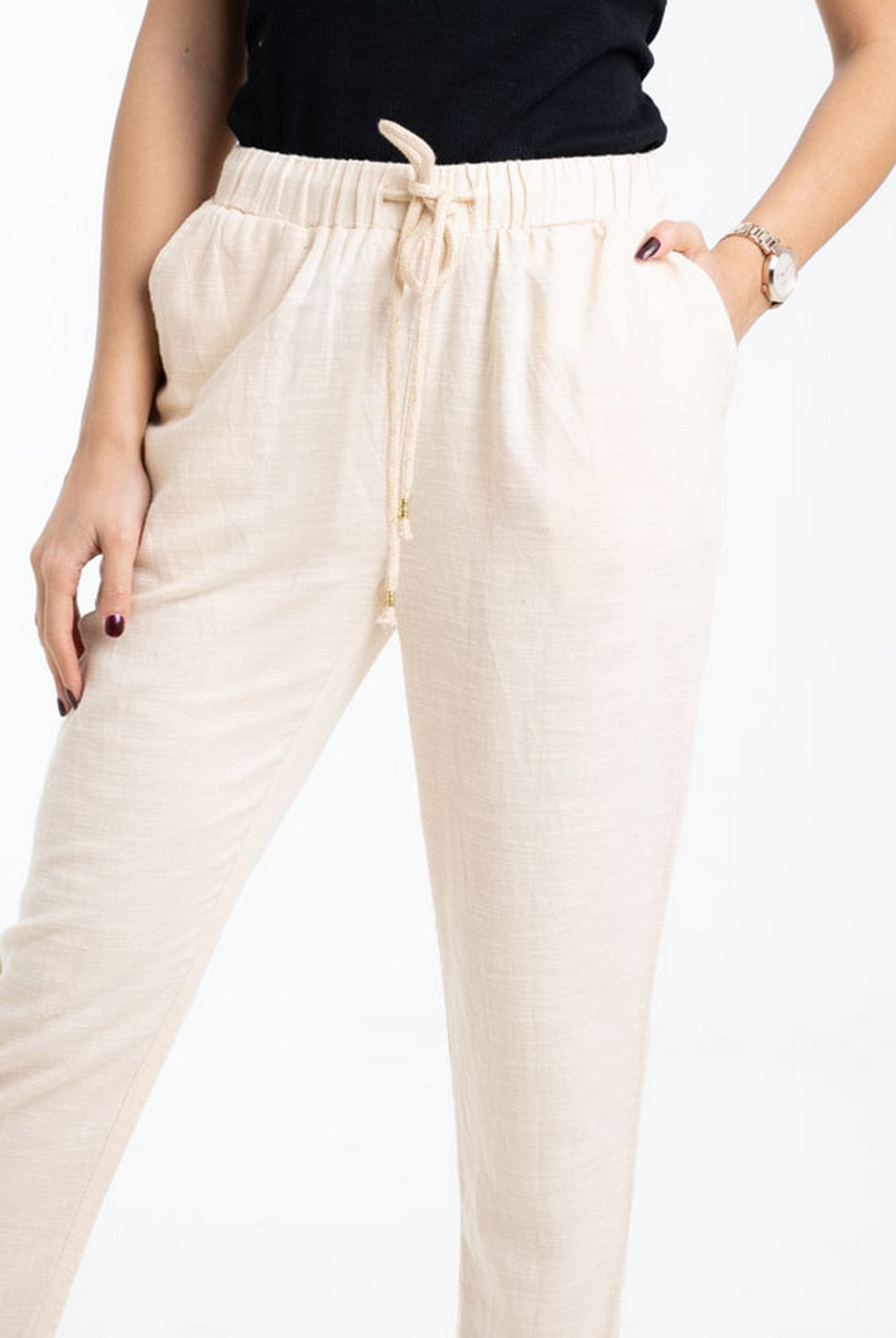 داليدرس بنطلون قماش سادة طويل برباط علي الخصر بيج غامق